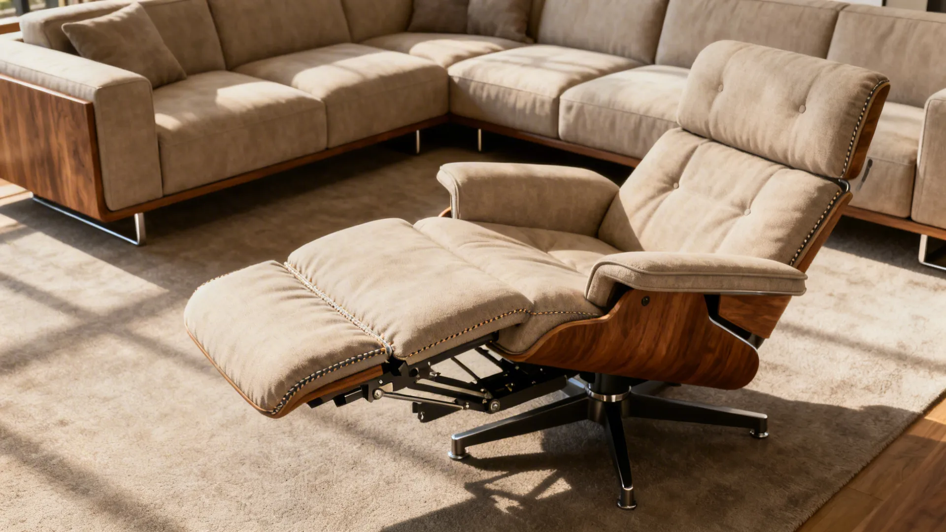 Modern living room with beige leather recliner chair wood frame and large corner sectional sofa