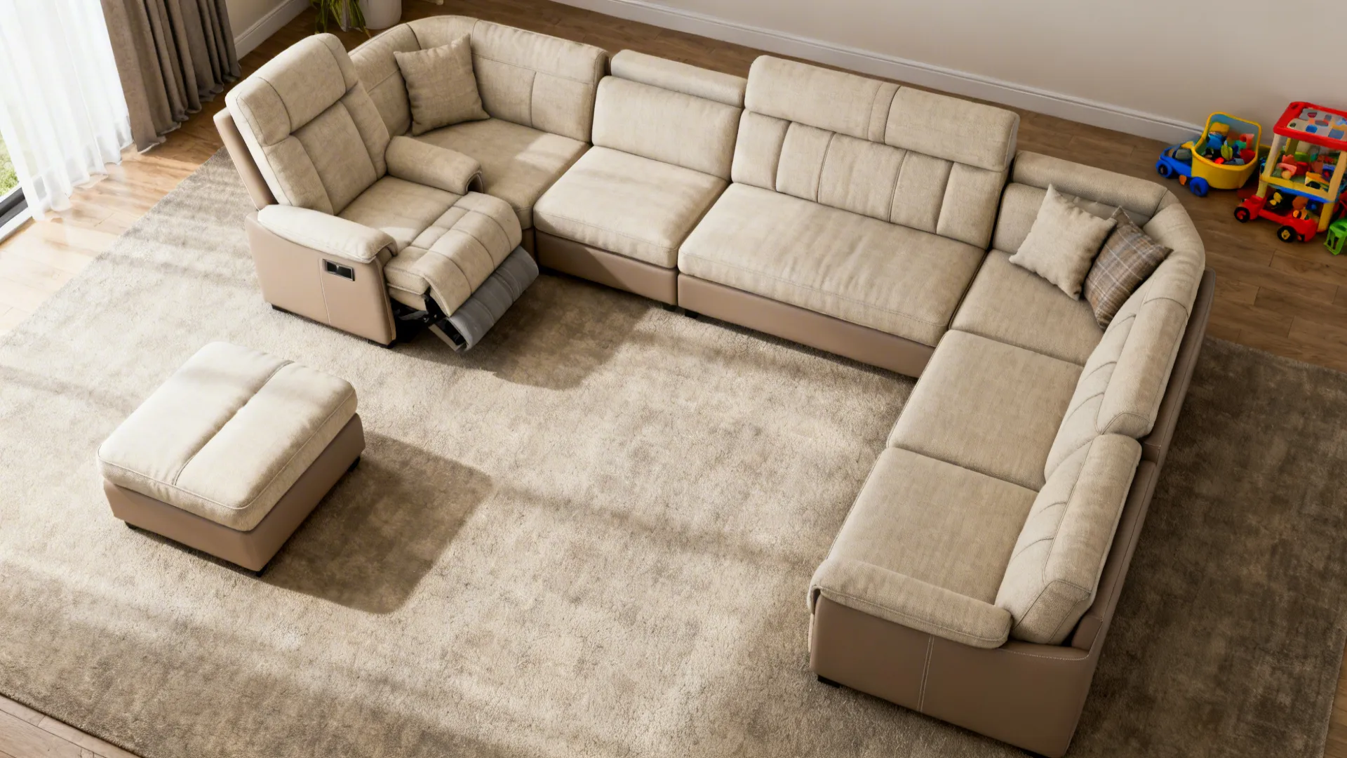 Top-down layout of a modular sectional with interchangeable recliner and chaise modules in a family room.