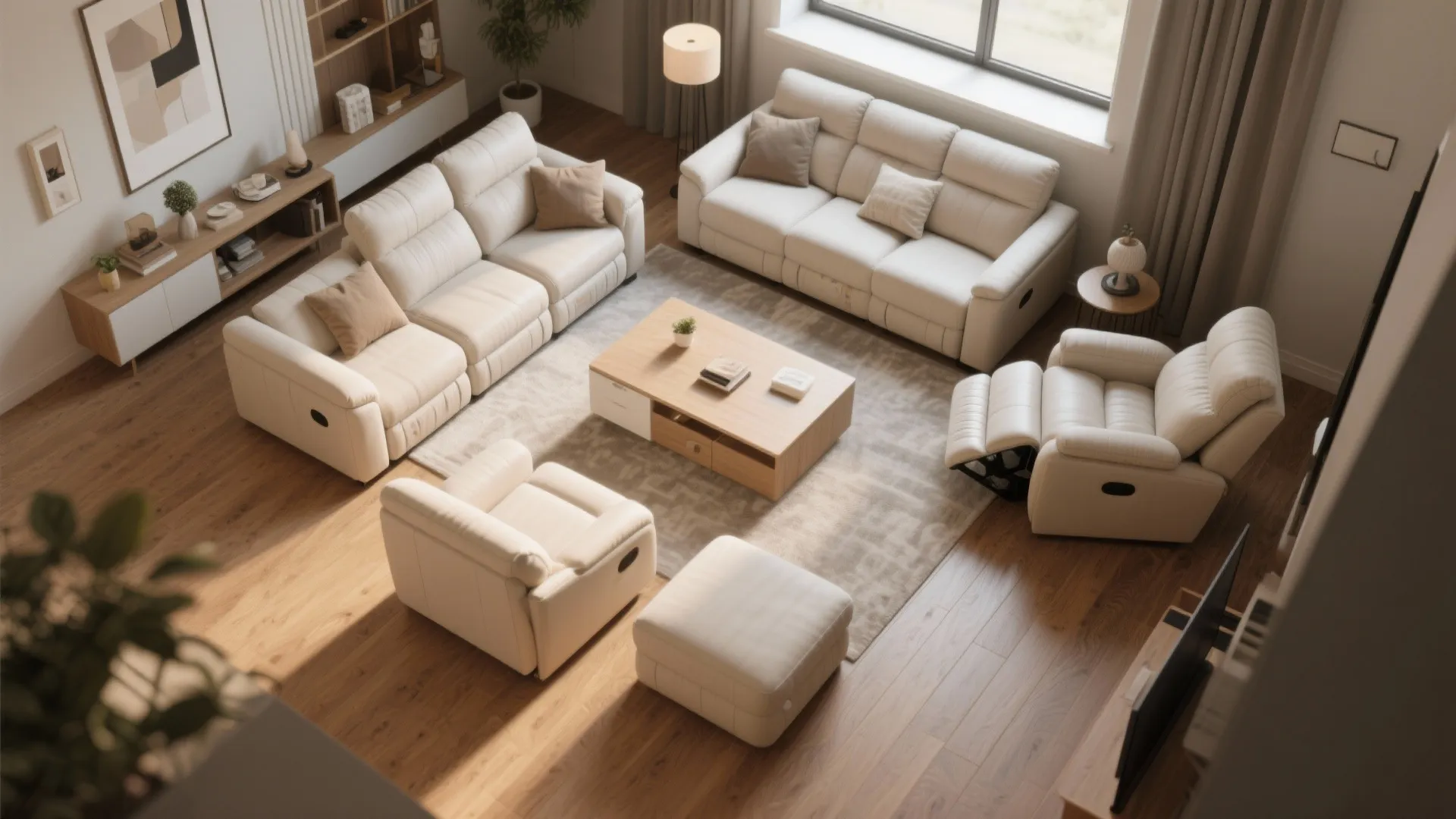 Top-down view of modular recliner sections in a compact living space