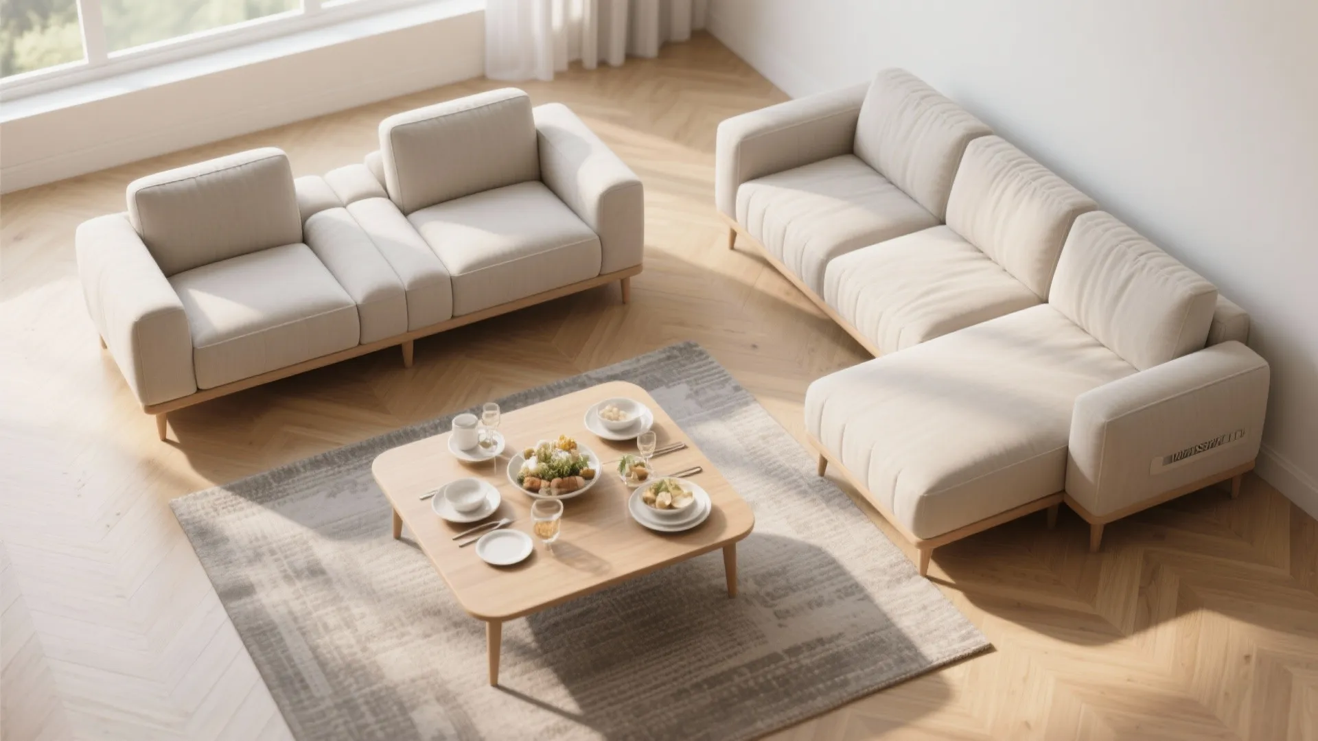 Modern bright living room interior design with two beige sofas wooden coffee table and rug
