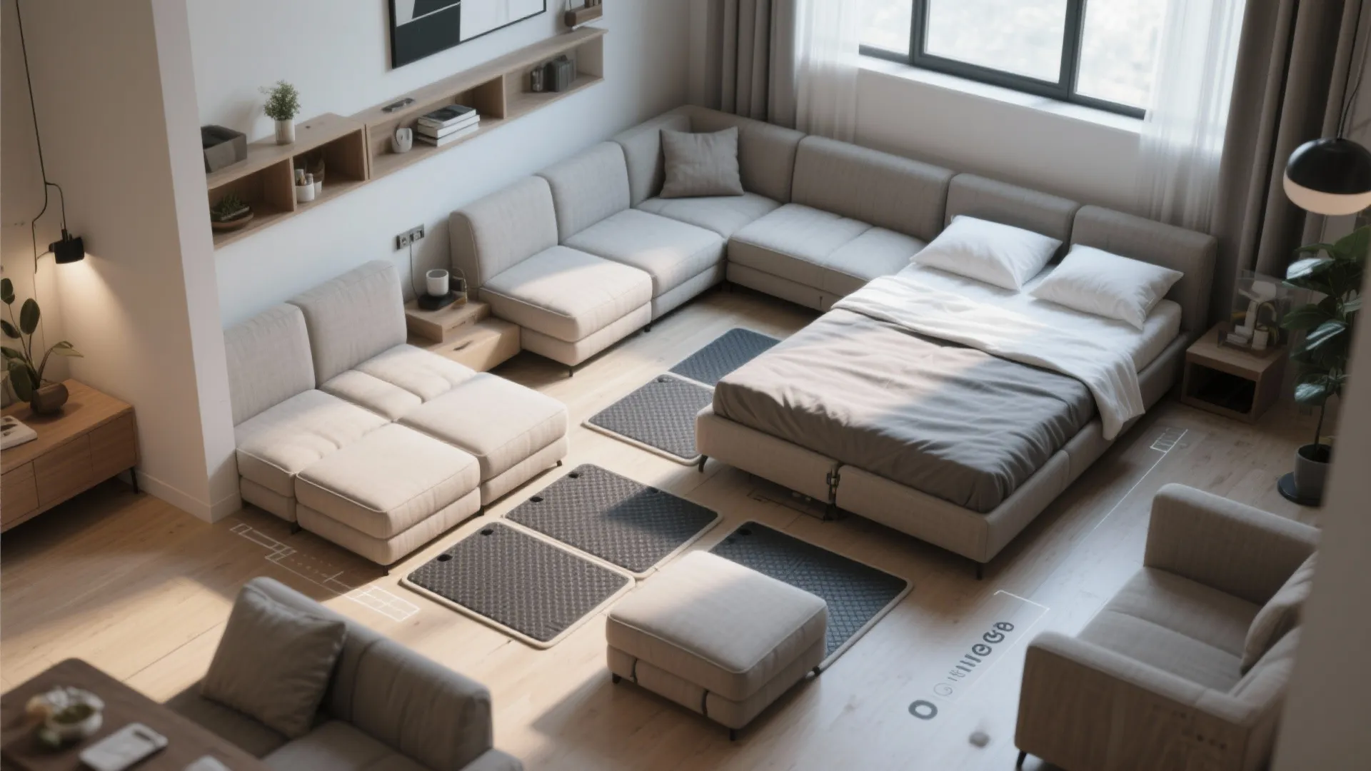 Large beige modular sofa and bed unit in bright living room with wooden wall shelving