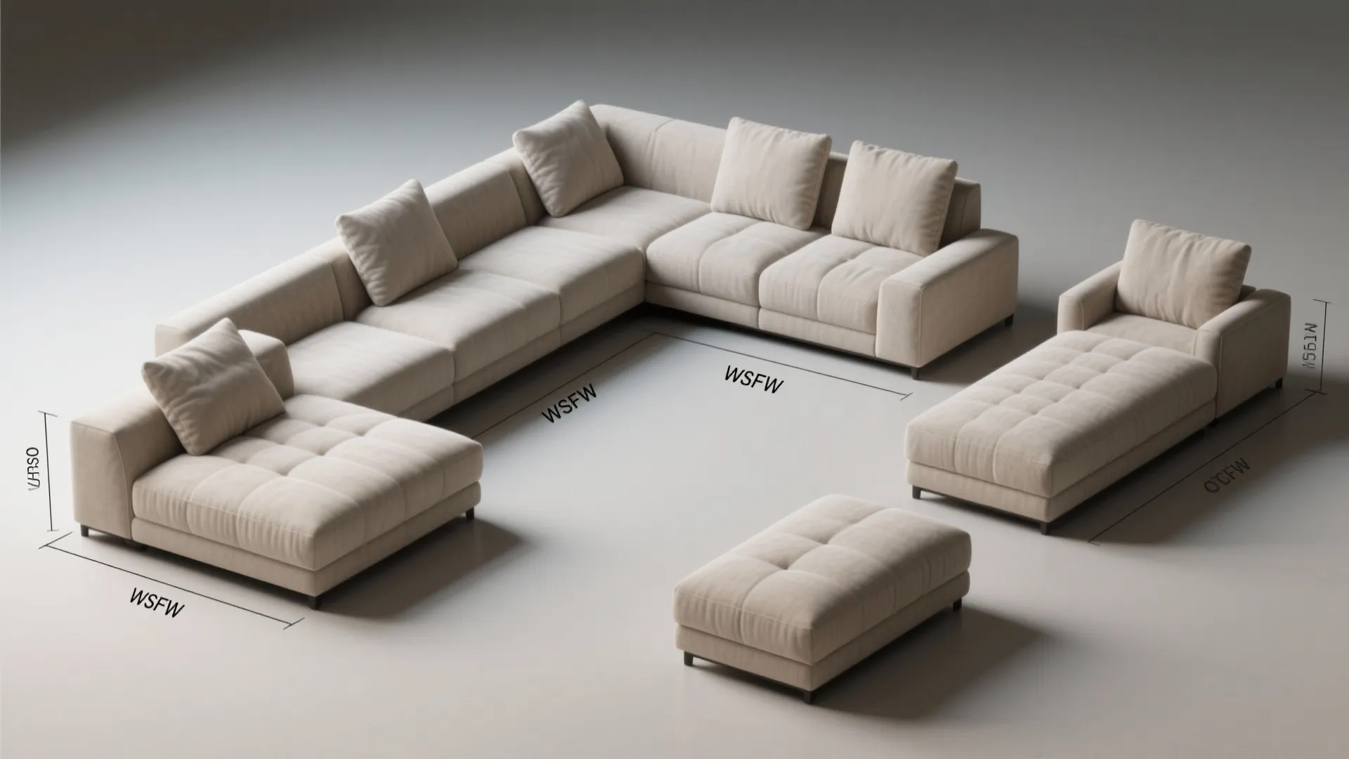 Large beige modular sofa set with footrest showing size measurements for easy living room layout