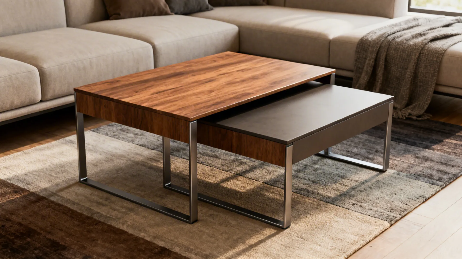 Two small rectangular coffee tables nested and slightly apart showing wood tops and metal legs in a compact living room