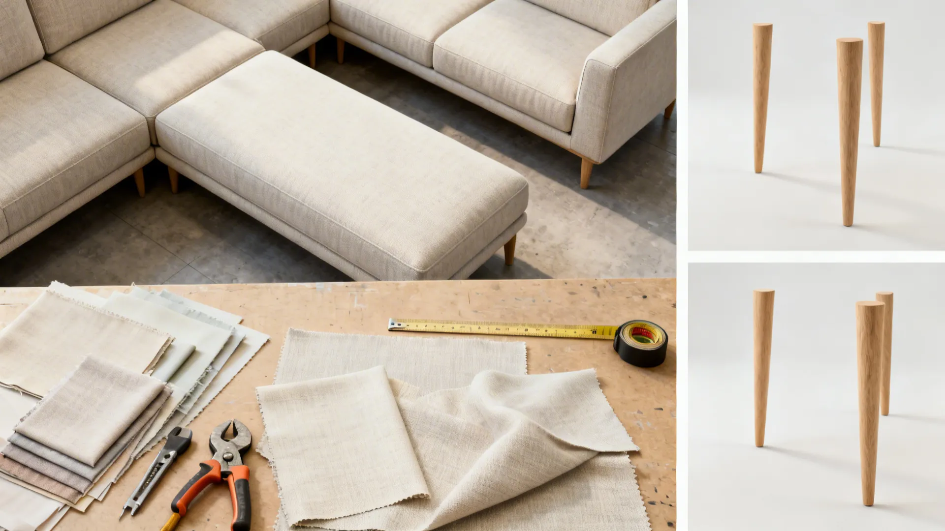 Beige sofa with fabric samples tape measure hand tools and wooden legs for home furniture repair
