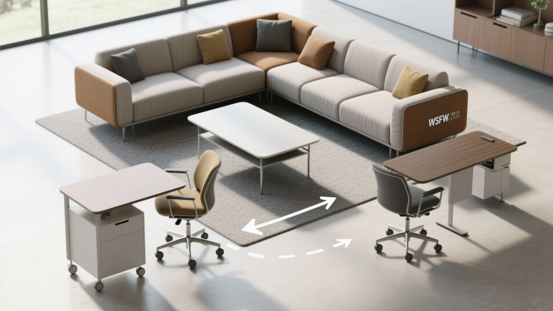 Top-down view of a modular sofa with a rolling desk being reconfigured in a small office.