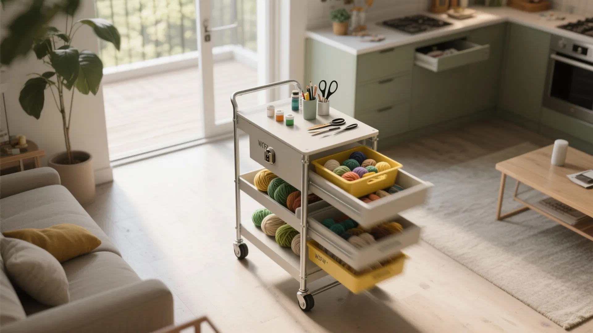 White rolling cart with three shelves holding colorful yarn and craft tools in a kitchen