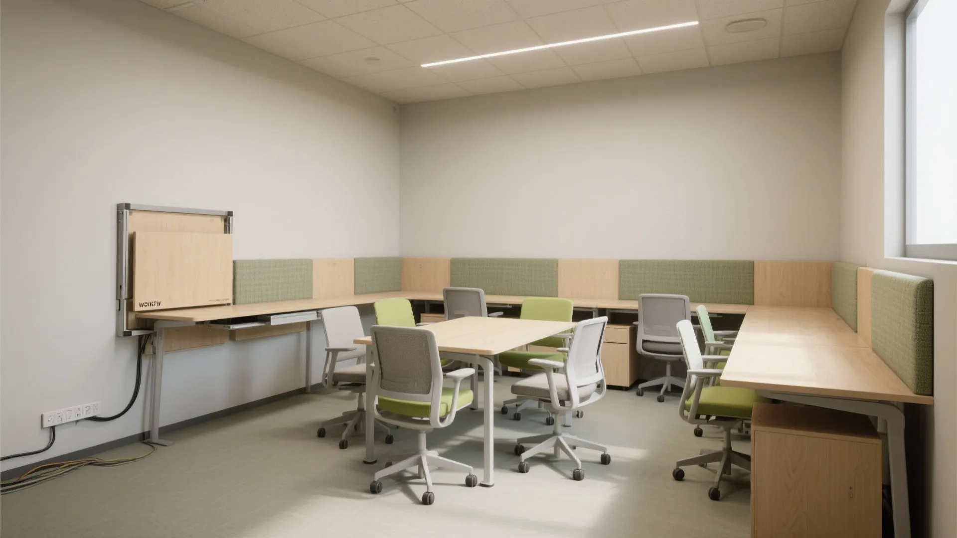 Modern office room with light wood desks green and grey chairs and light green panels