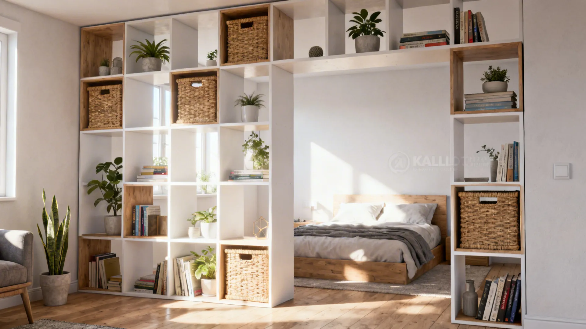 Modular open shelving used as a room divider with baskets and plants to separate living and sleeping zones
