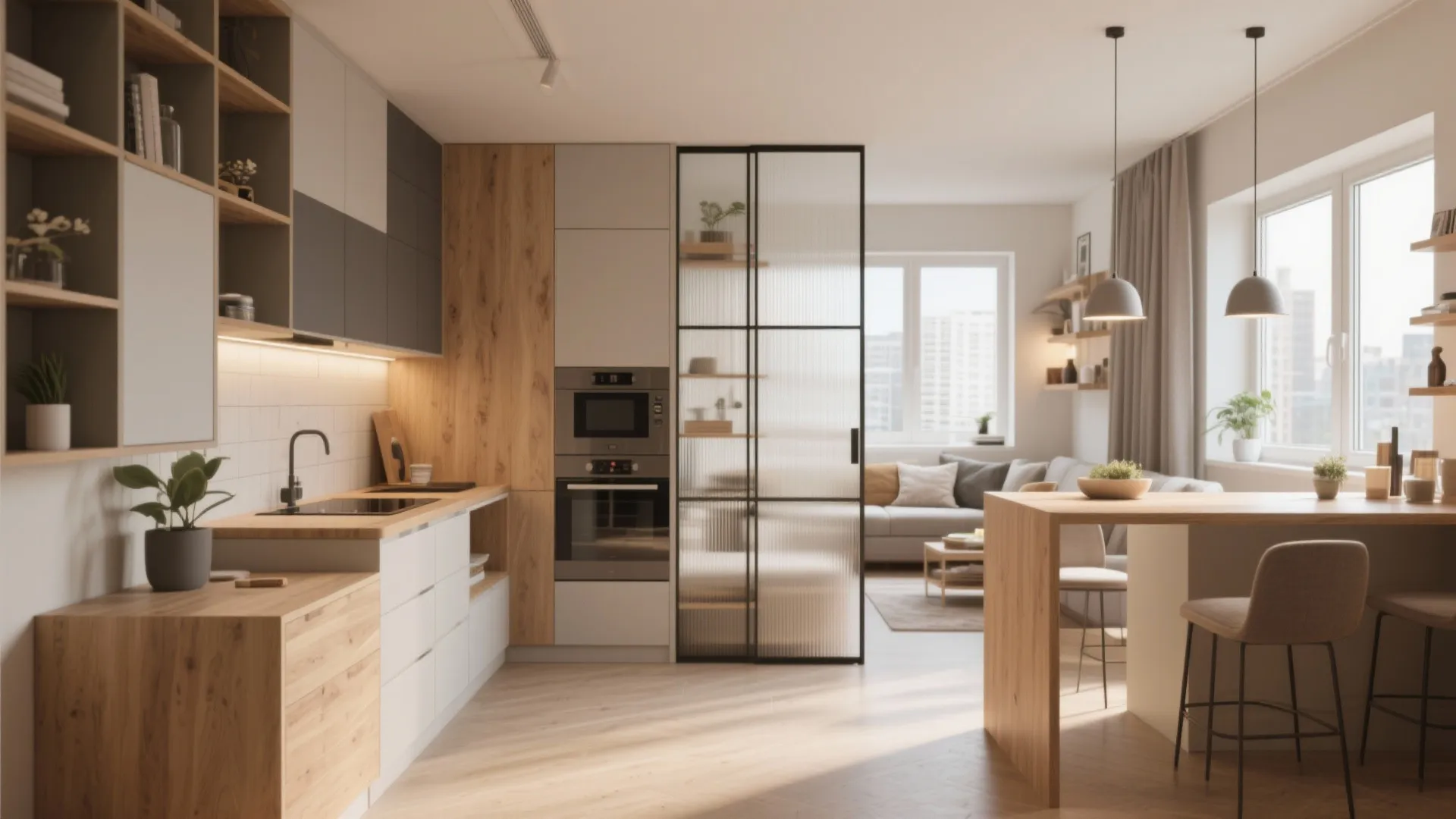 Open plan kitchen and living room featuring wooden cabinets with black frame glass room divider