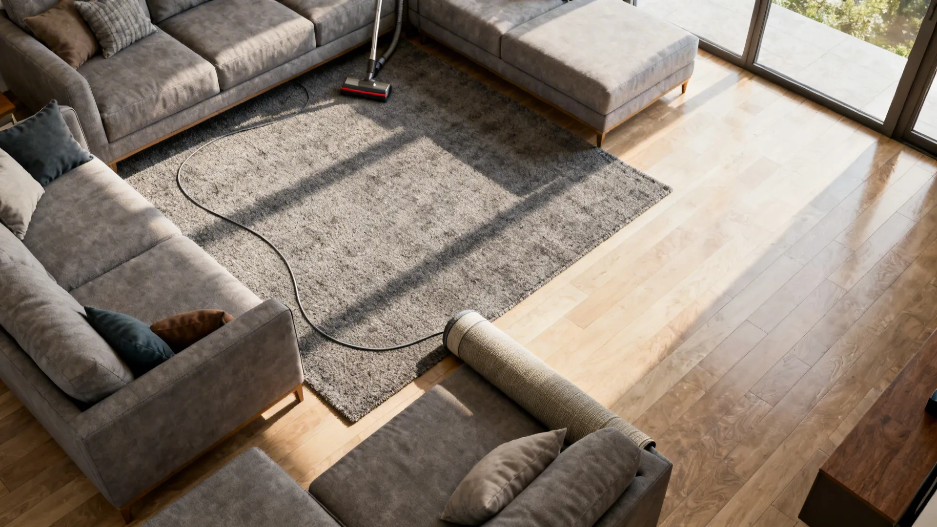 Top-down layout of modular seating and a washable rug with cleared vacuum path