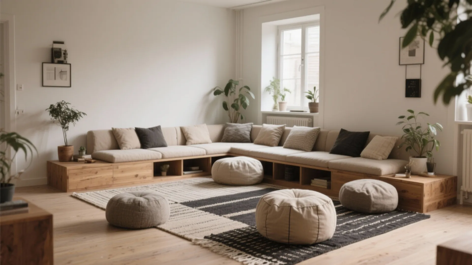 Low modular seating with layered rugs