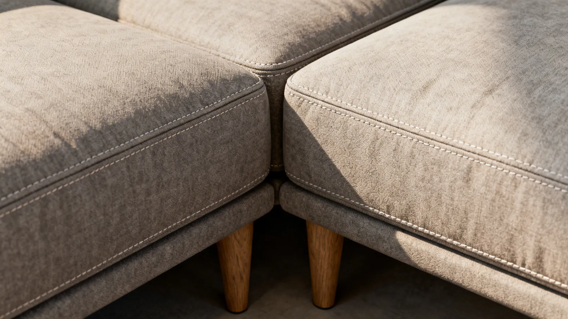 Close-up of modular L-shape sofa seams and fabric texture with raised wooden leg