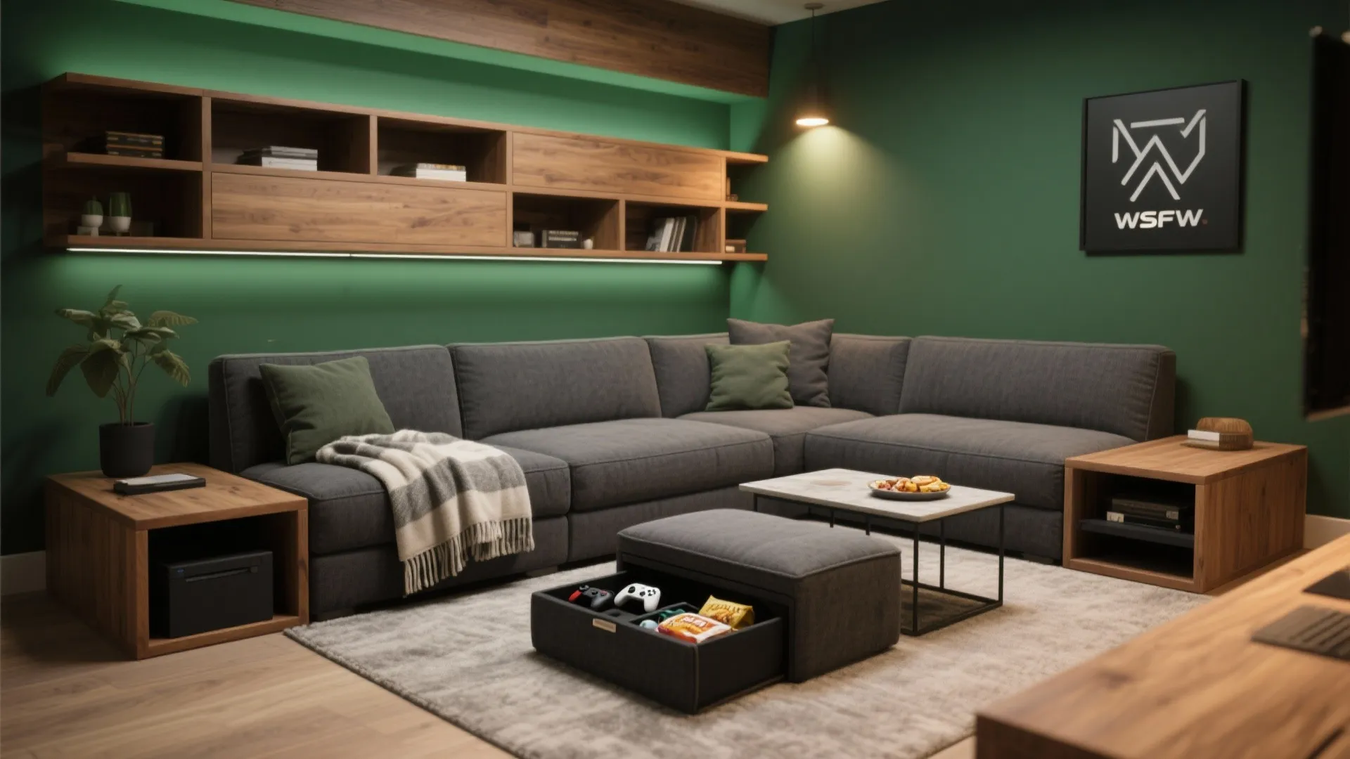 Modern green living room with grey corner sofa wooden wall shelves footrest and small table