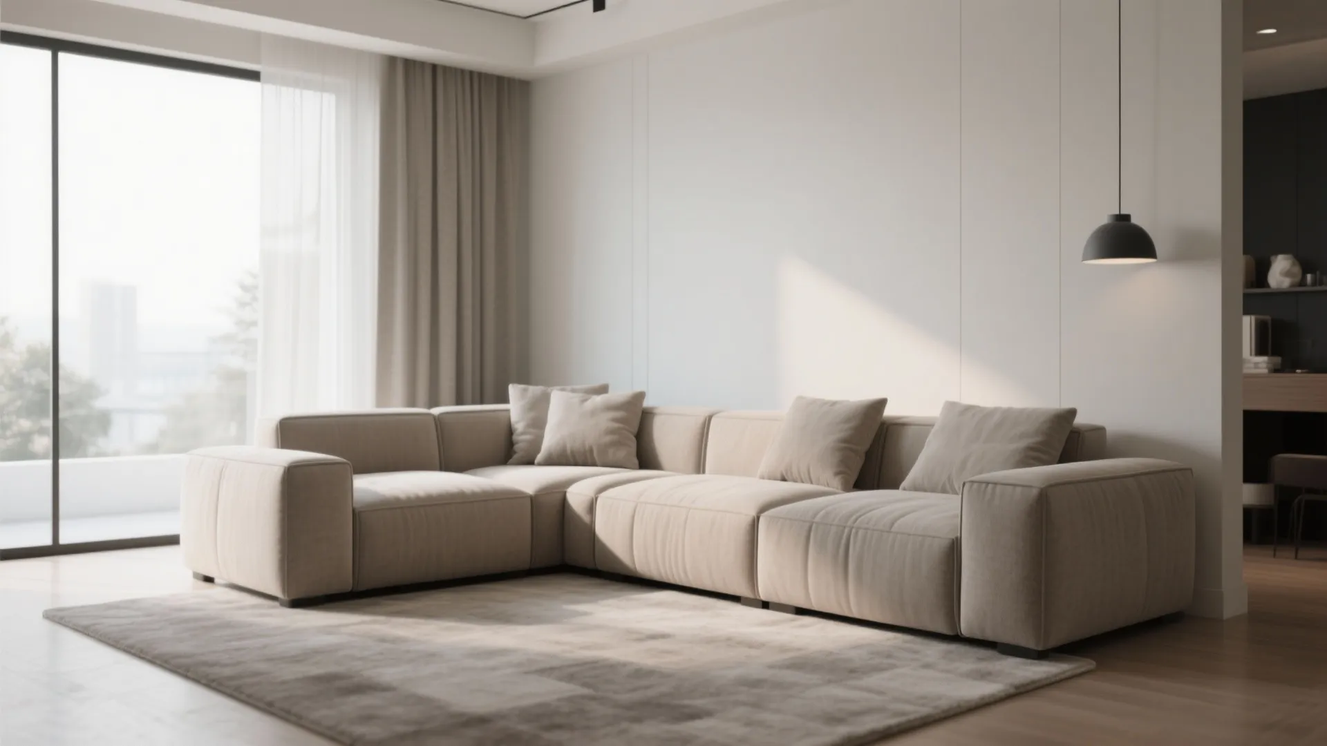 Minimalist living room featuring beige sectional sofa large rug black ceiling light and white walls