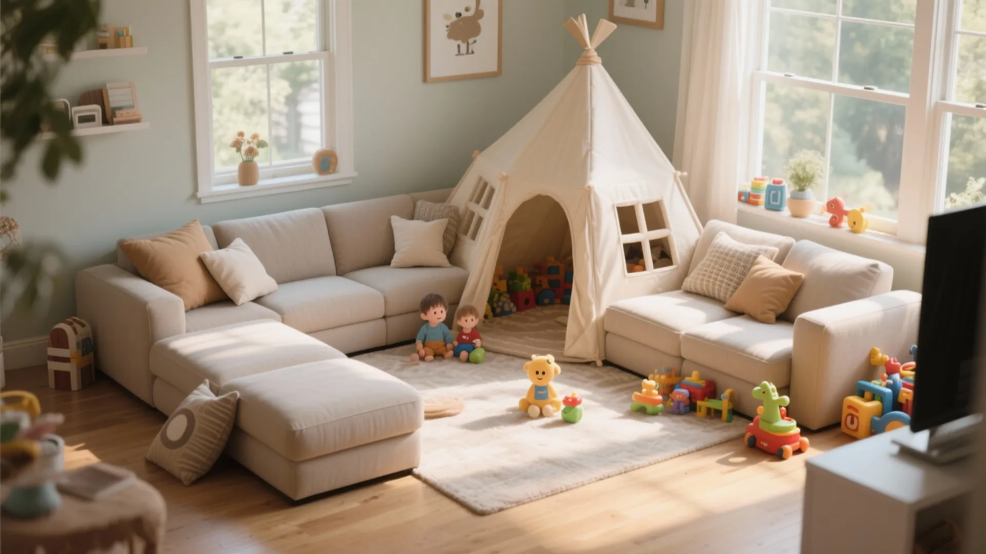 Modular sofa reconfigured into a play fort