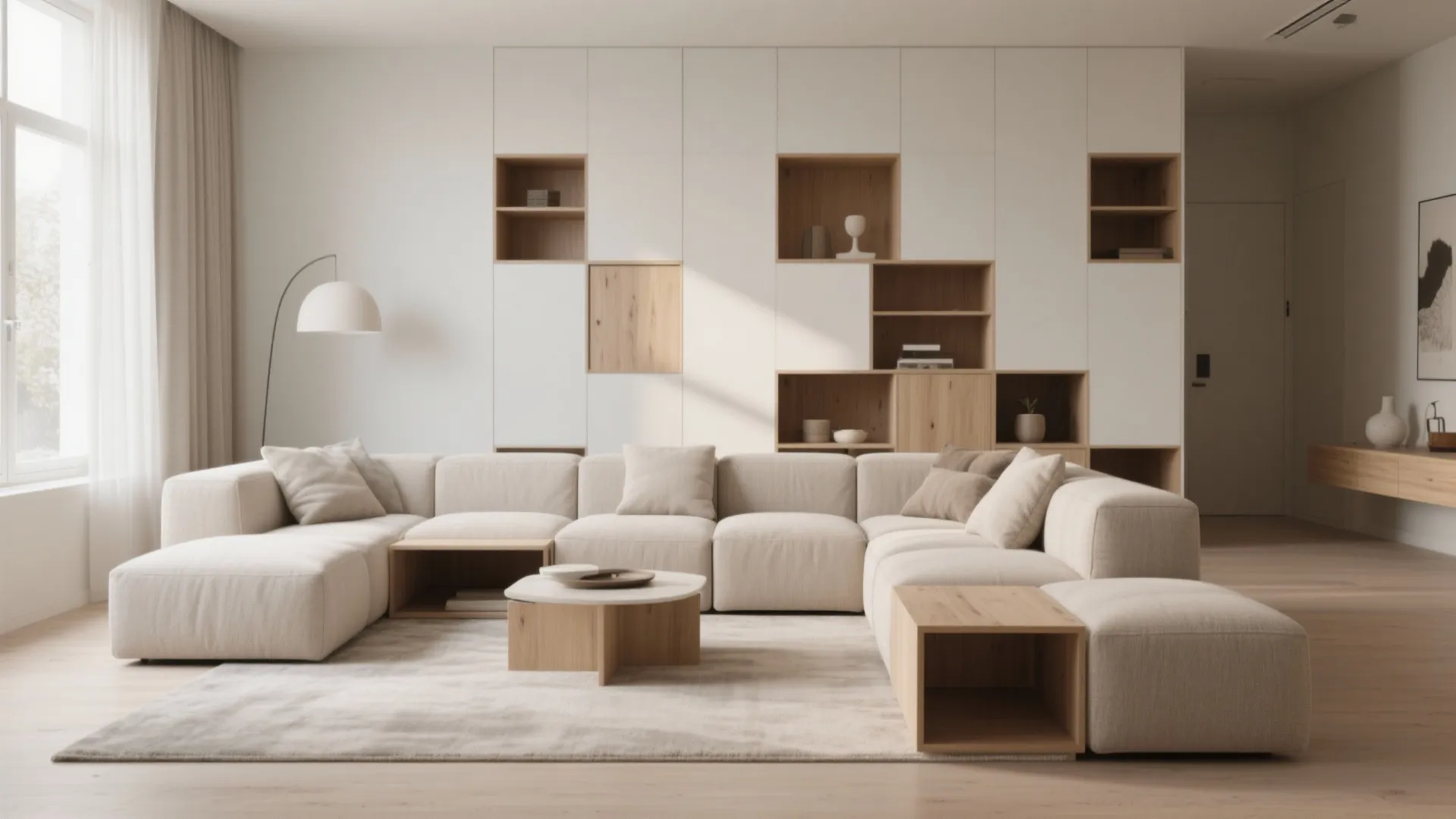 Minimalist living room with large modular beige sofa wood wall shelves and white floor lamp