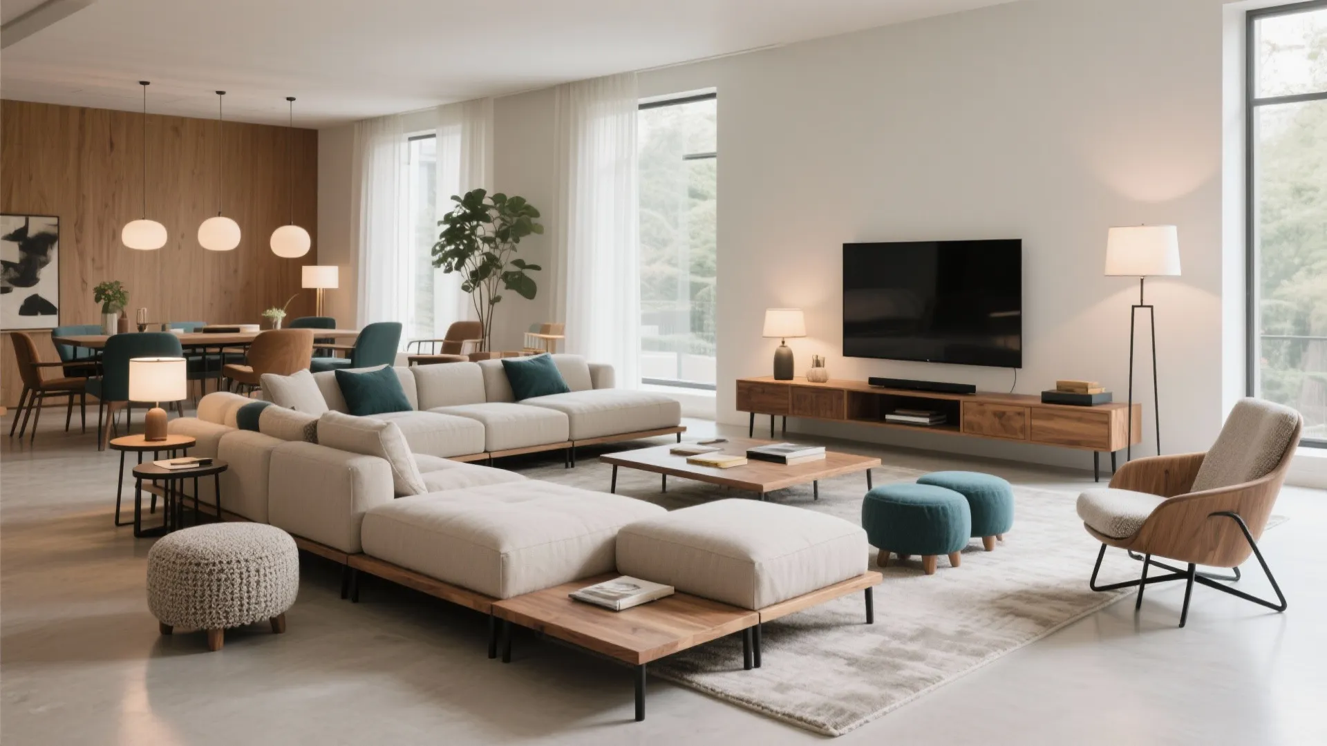 Spacious living room with large modular sofa wooden cabinet television and dining area in background