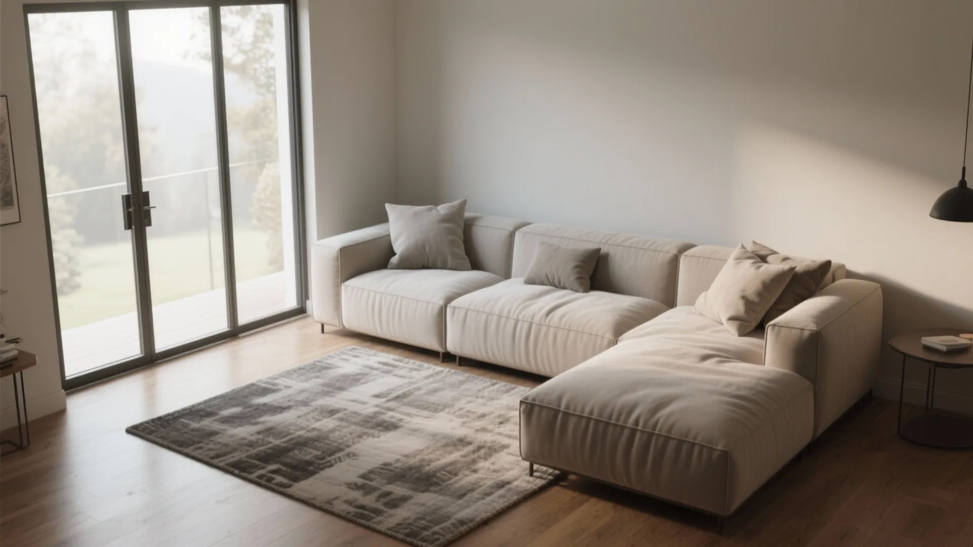 Minimalist beige corner sofa on wood floor with patterned rug near glass balcony door and lamp