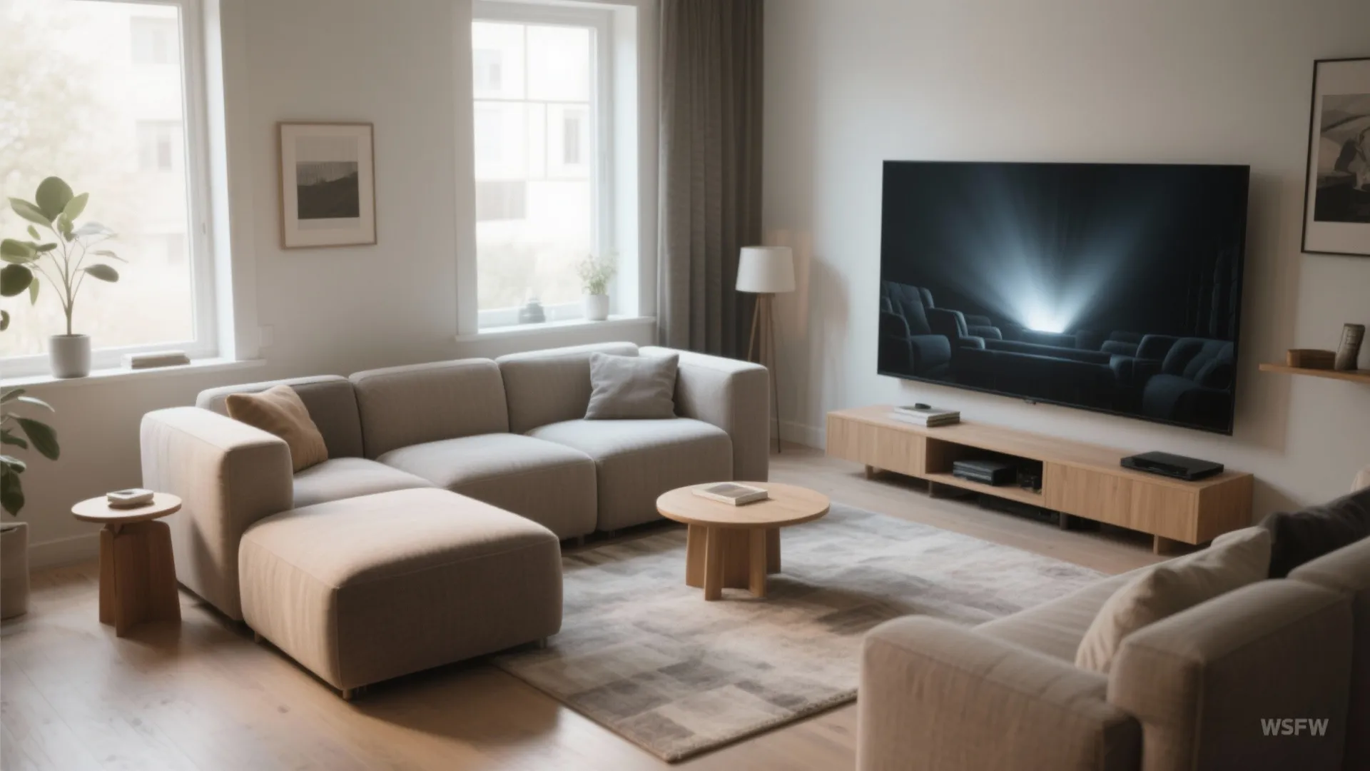Large modular beige sofa in modern living room with wooden coffee table and a window