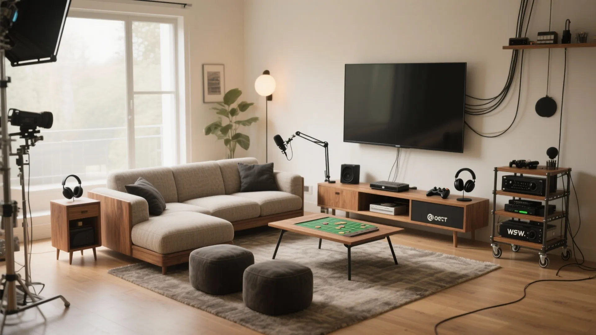 Living room setup with a beige sofa coffee table television and gaming equipment for entertainment
