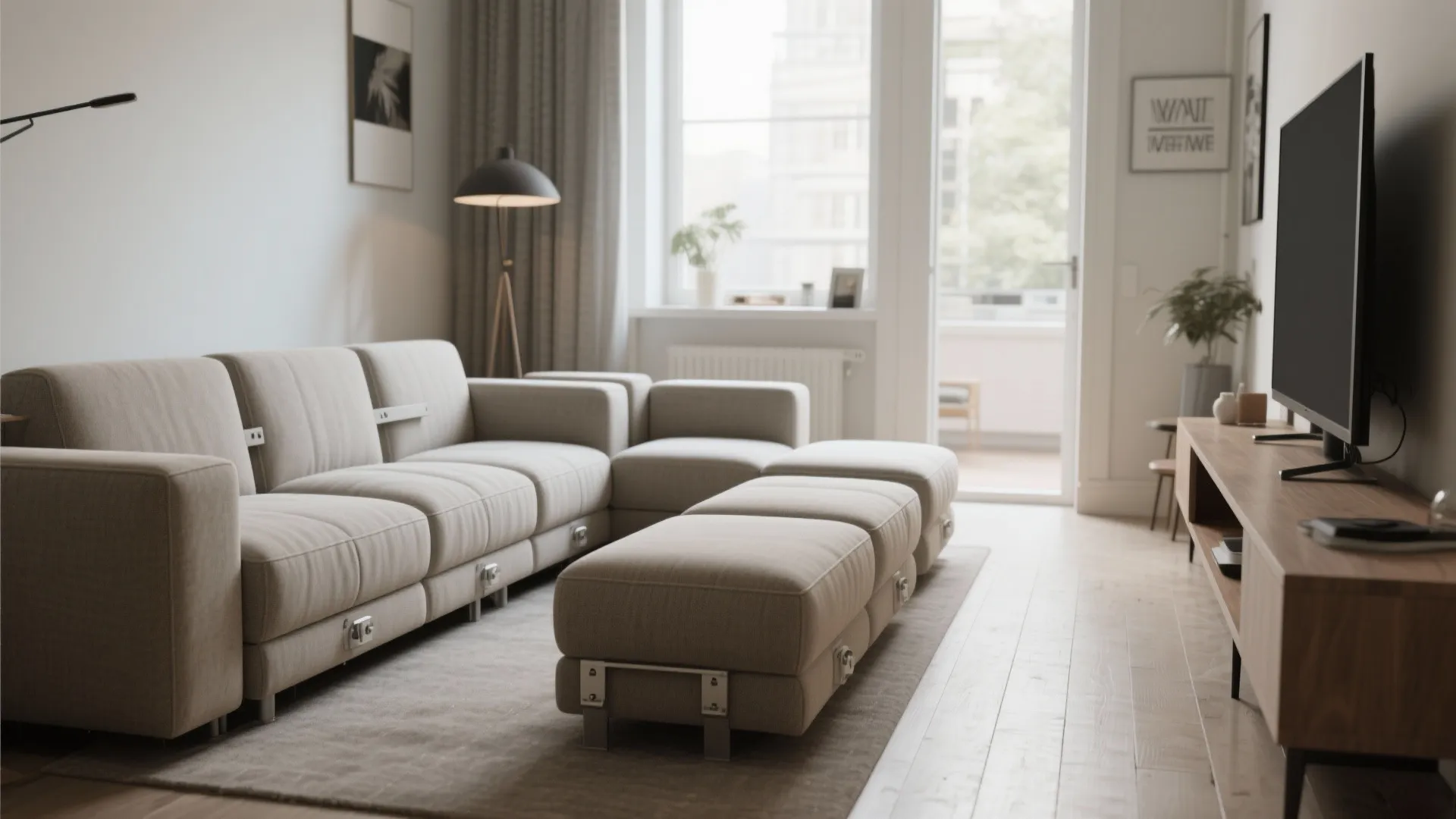 Modern bright living room with large grey sofa wooden television cabinet floor lamp and natural light