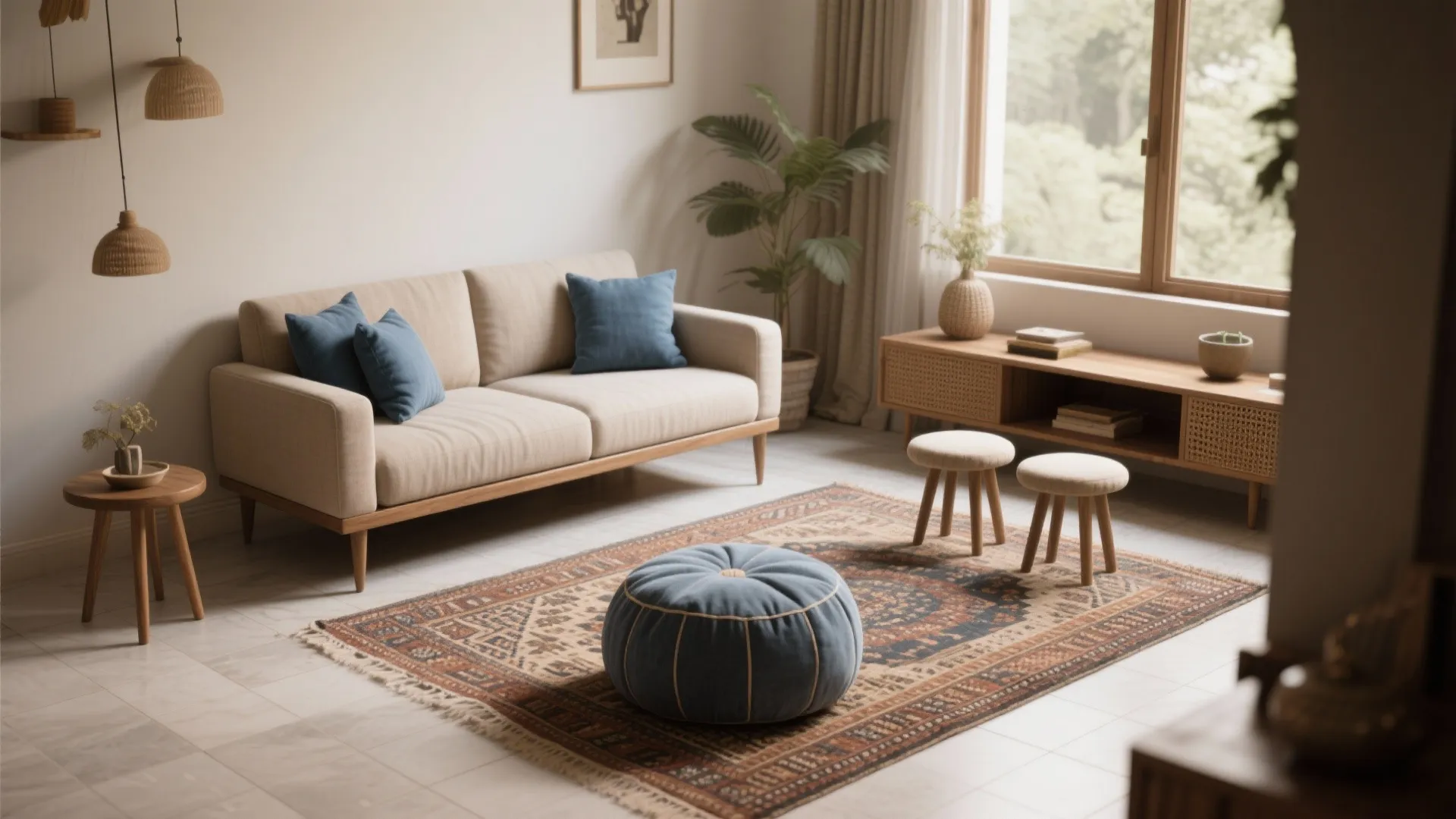 Bright living room featuring a beige sofa blue footrest patterned rug and wooden storage cabinet