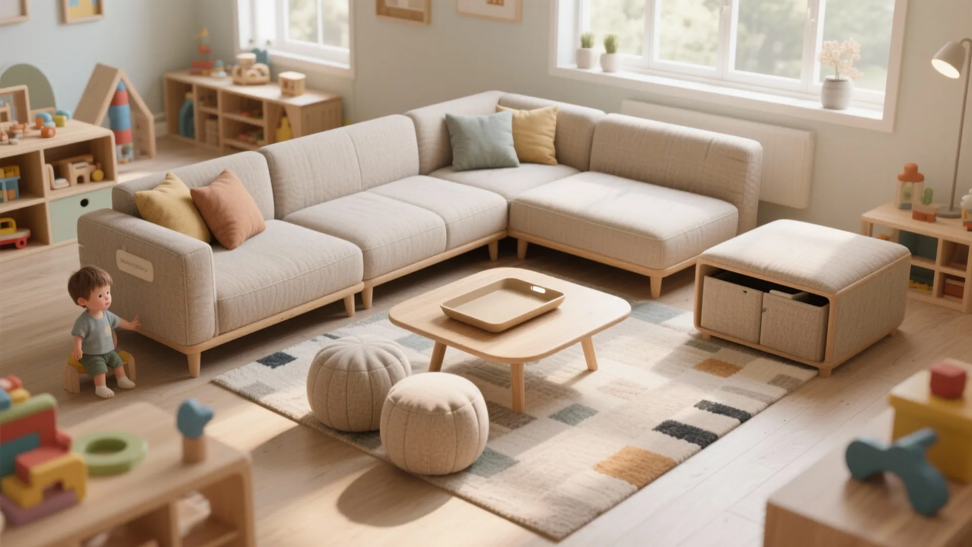 Modular beige sofa with colorful cushions wooden coffee table two footrests and a patterned rug