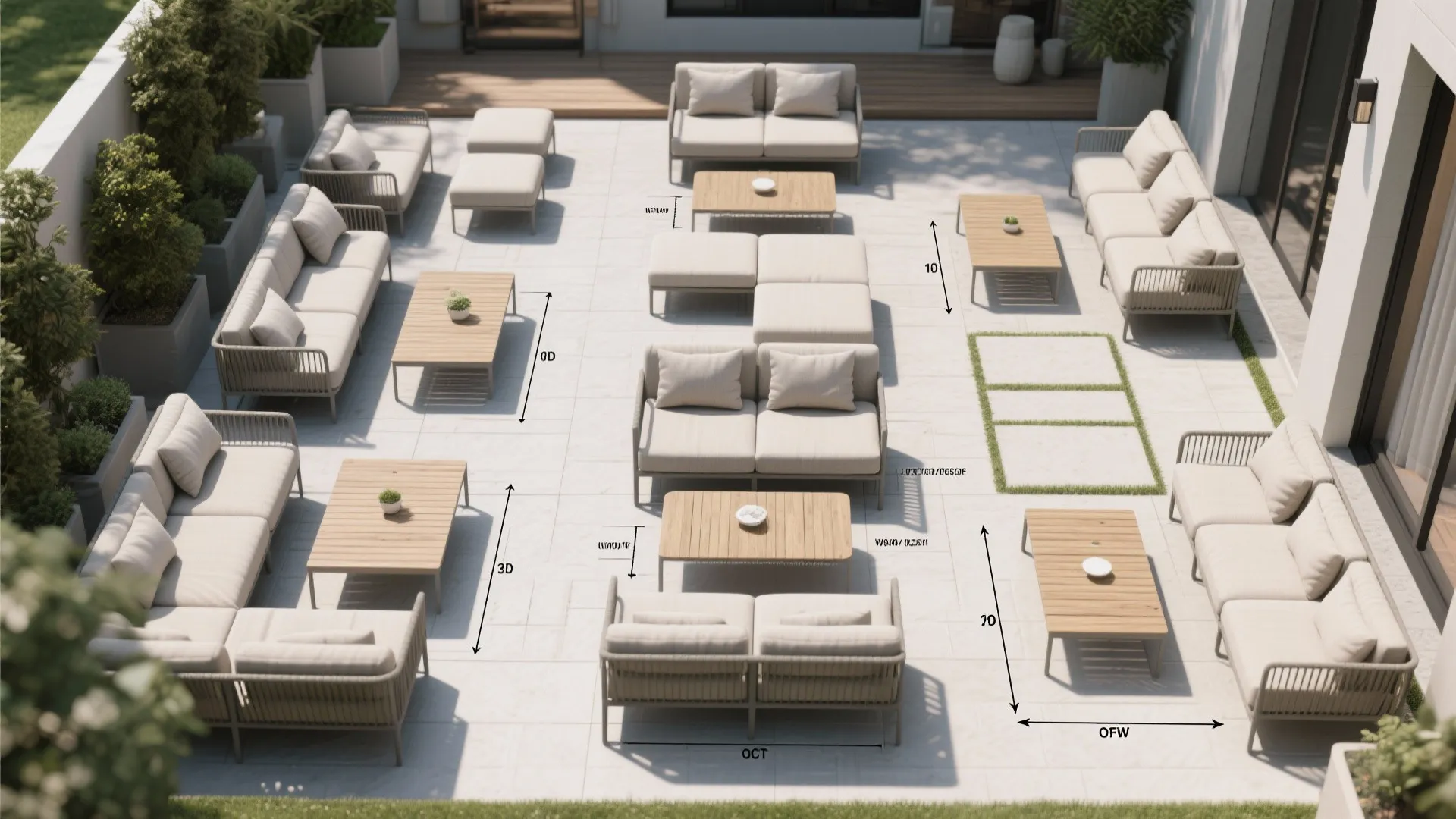Top view of large outdoor patio area with multiple beige sofas and wooden coffee table sets