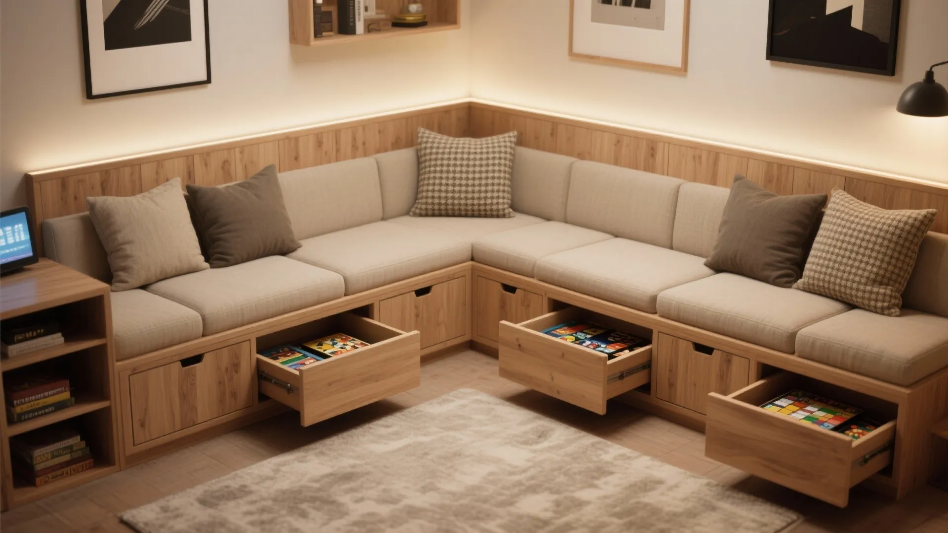 Low-profile built-in modular benches with hidden plywood storage and cushions in a small rec room.
