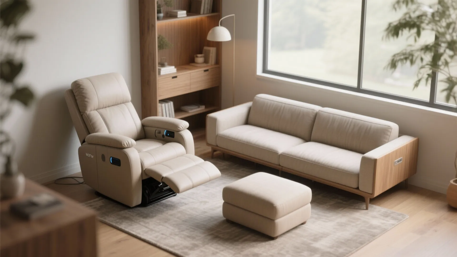 Modern living room with beige reclining chair, matching sofa, footrest, large window, and wooden bookshelf