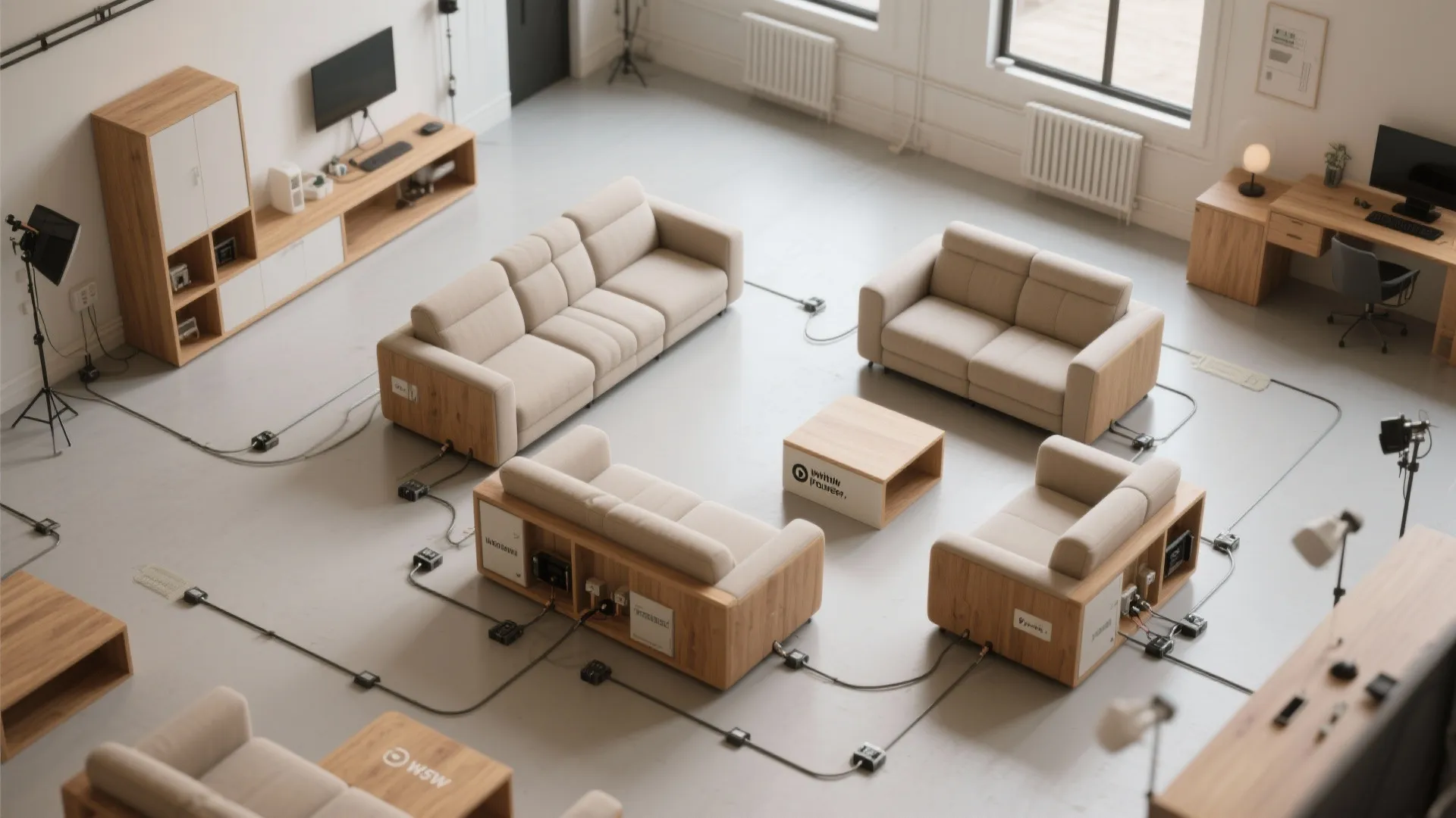 Modular sofa arrangement in a studio with wooden furniture and power cables on the floor