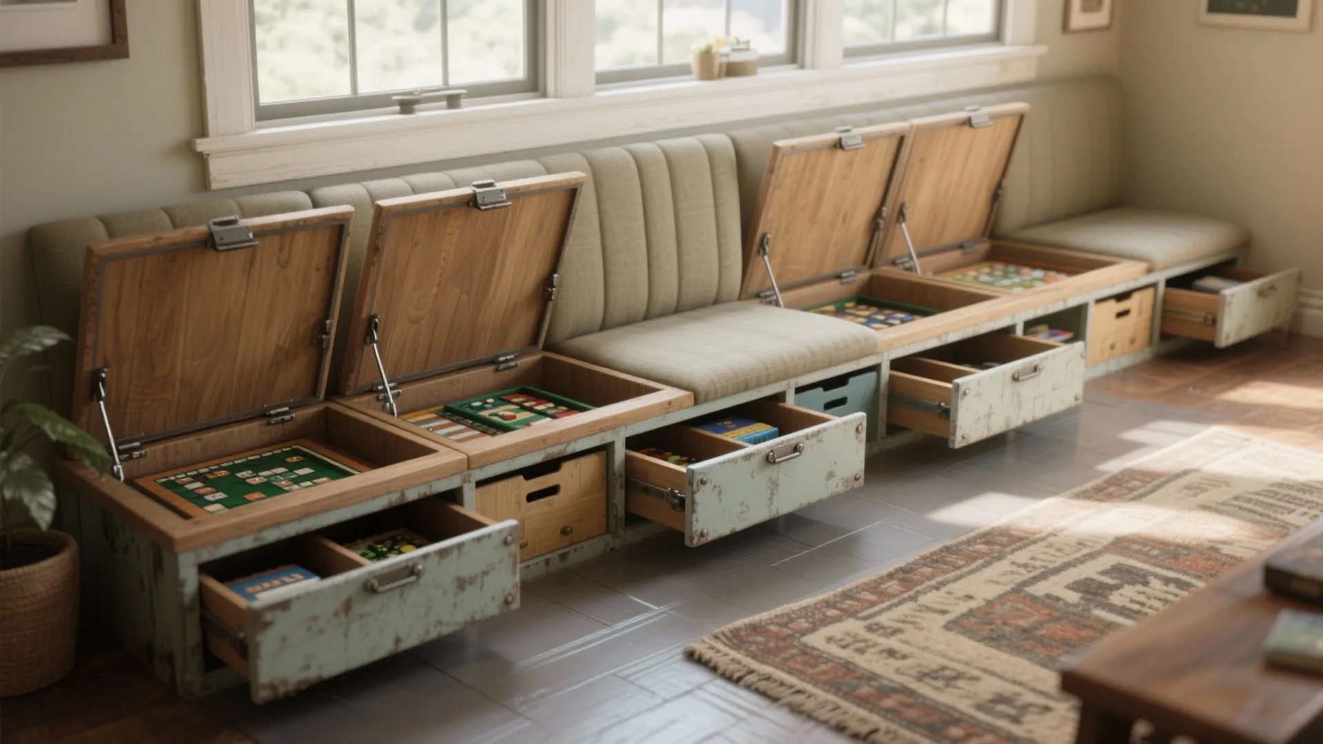 Long window bench with open storage lids and drawers showing board games inside the boxes