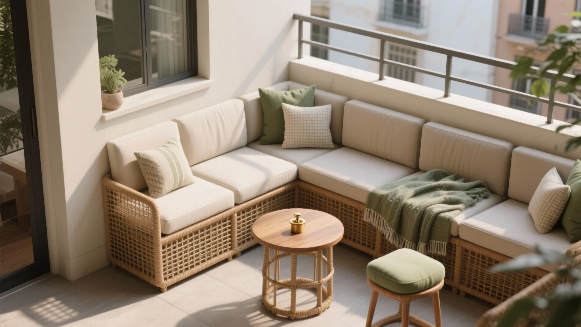 Comfortable balcony seating area with beige sofa green pillows wooden coffee table and woven furniture set