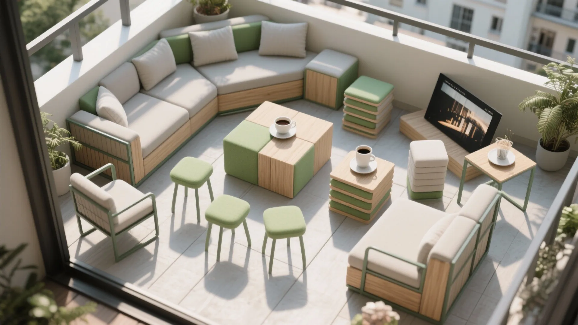 Modern balcony furniture set including a large sofa, green stools, and small square coffee tables