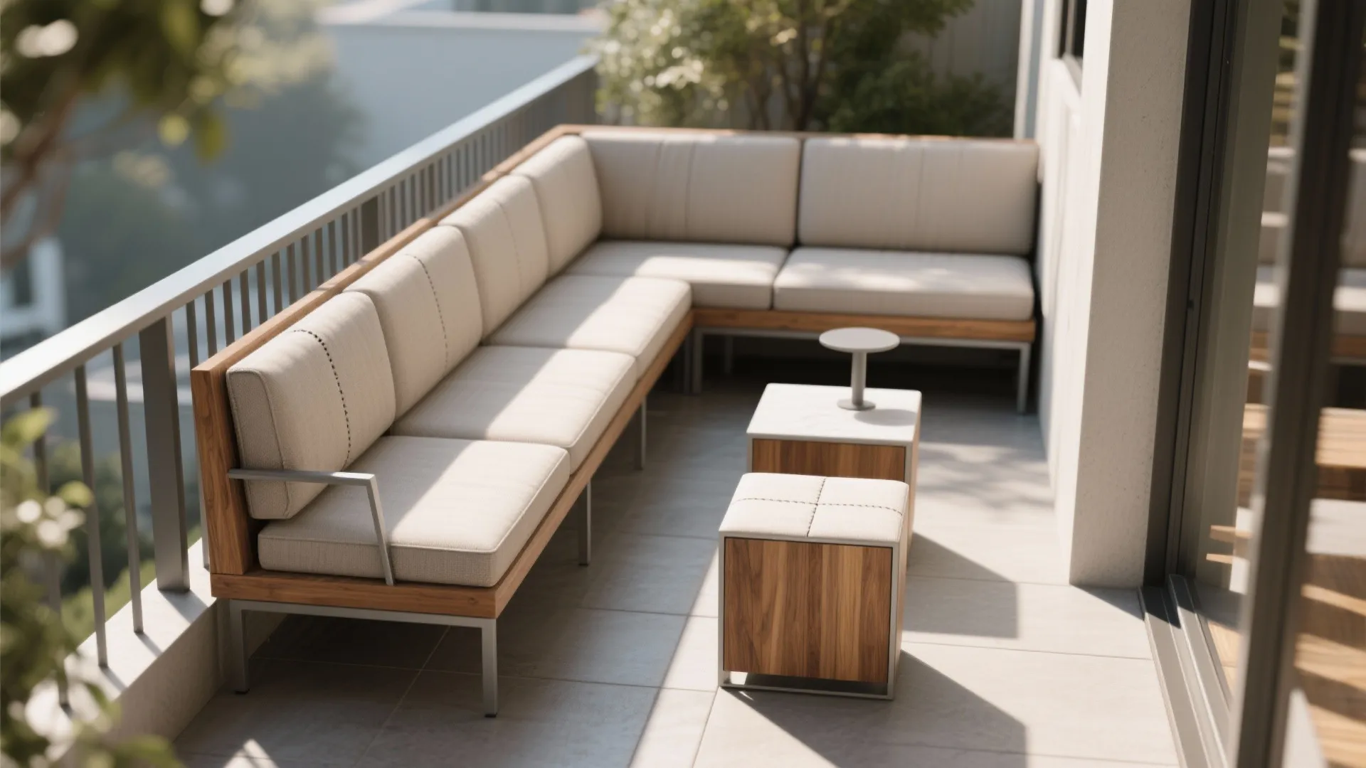 L-shaped balcony sofa with beige cushions wooden base and matching footrest on a sunny outdoor floor