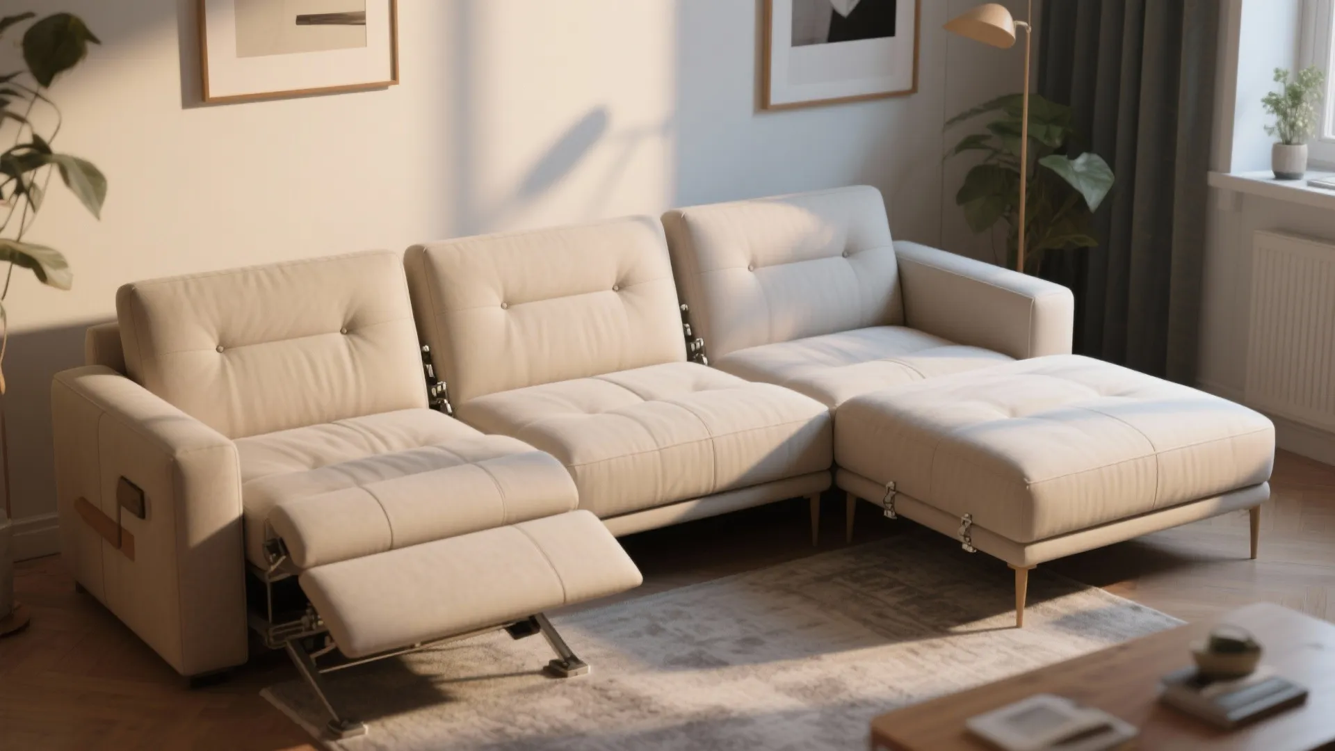Modern cream modular sofa with footrest and recliner function in a bright living room layout