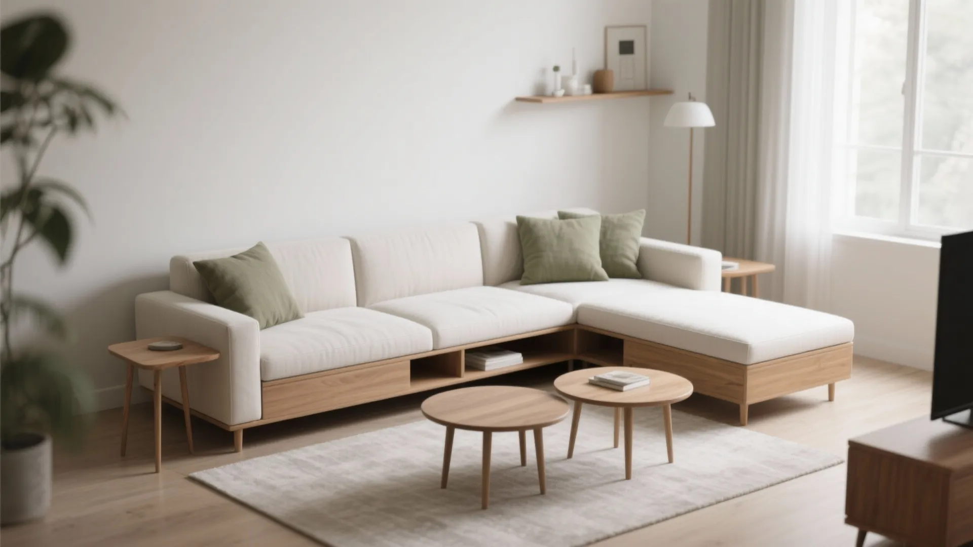 Modern white sectional sofa with green pillows two round wooden coffee tables and natural light