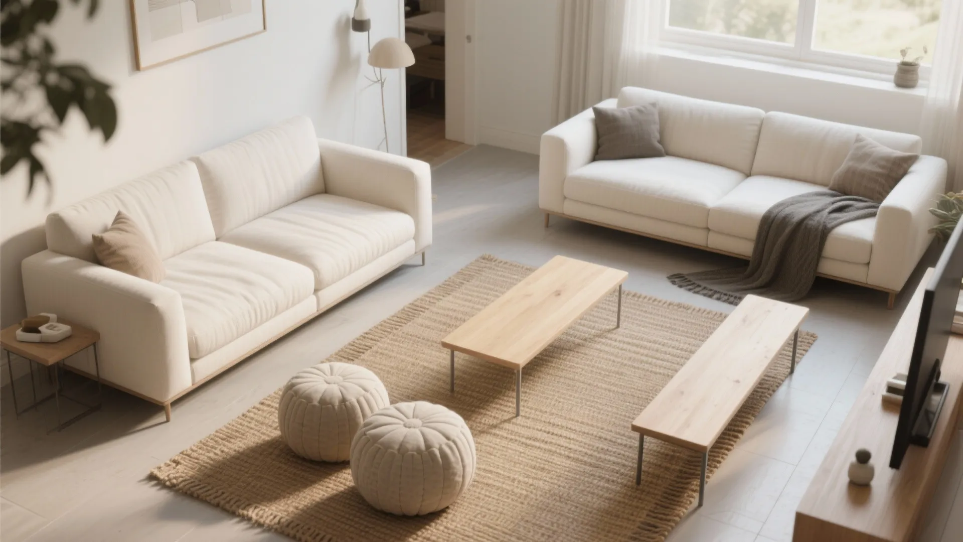 Flexible seating with modular pieces and rug zoning