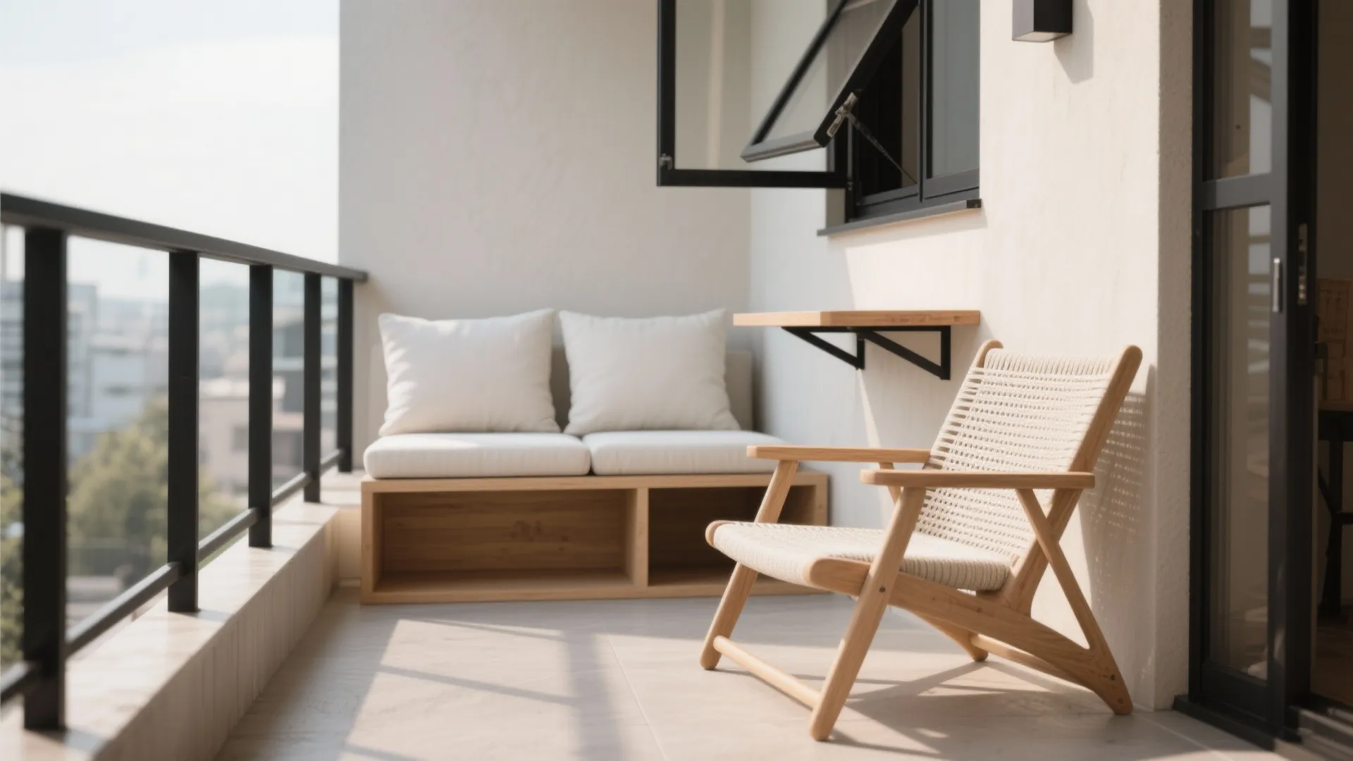 Small balcony design featuring a wooden chair white bench small wall table and black railing
