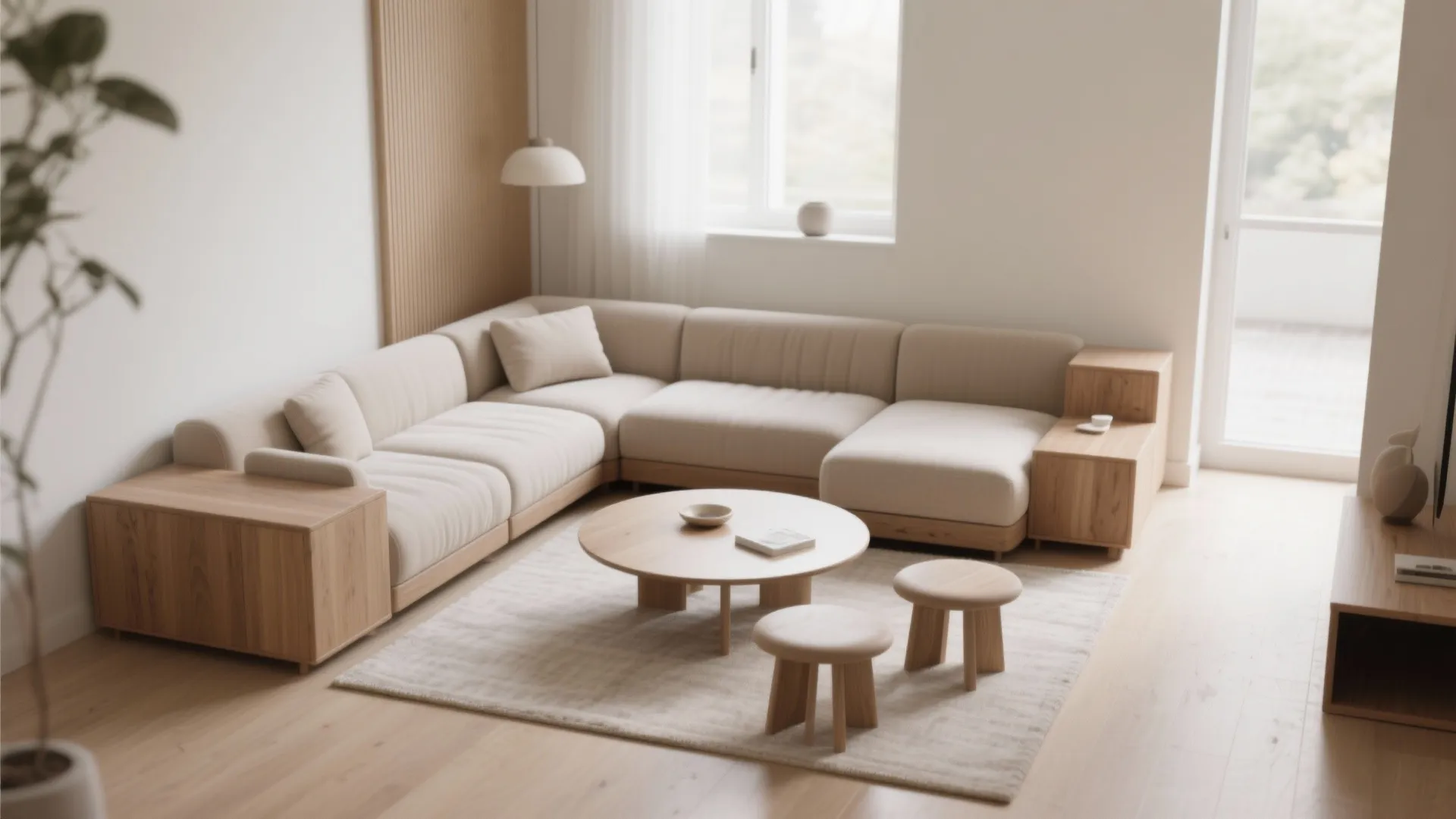 Minimalist living room with beige modular sofa wooden coffee table two small stools and natural light
