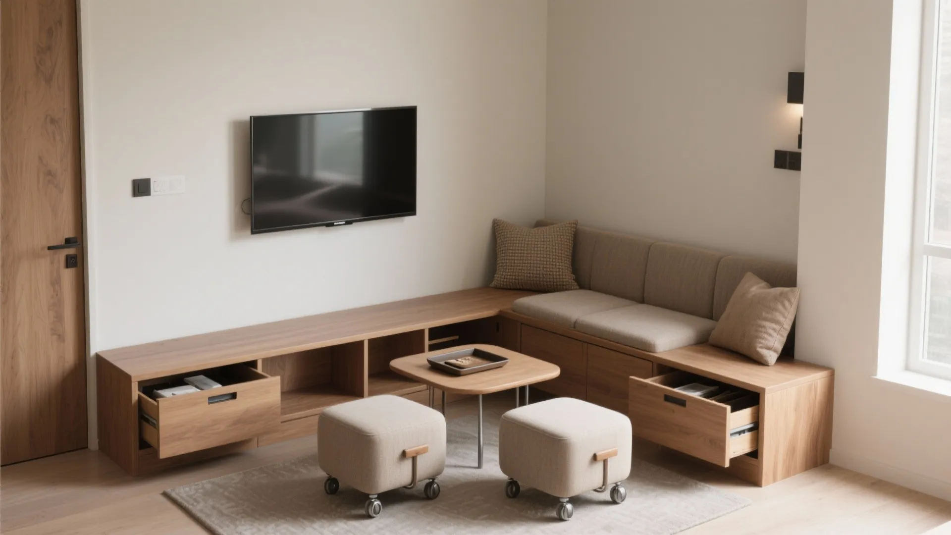 Minimalist living room with wooden storage bench, small coffee table, wall light, and television set