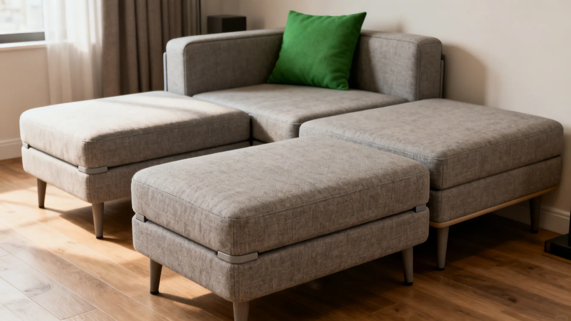 Compact modular seating pieces configured together and separated as ottomans in a small living room