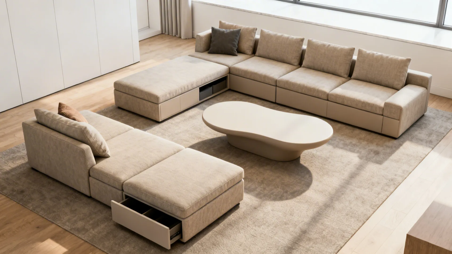 Compact living room showing modular sofa modules and storage ottoman arranged for flexible use