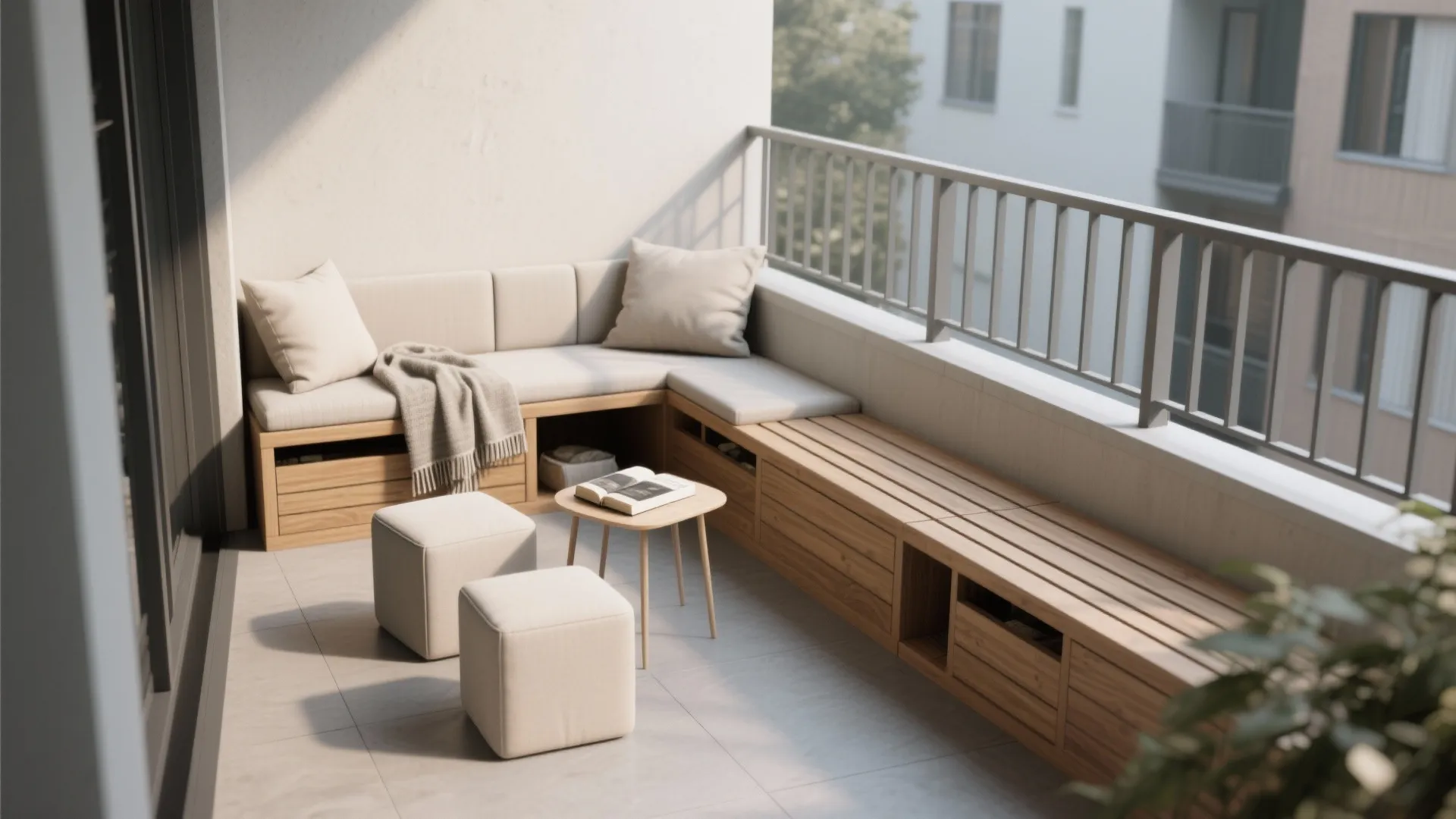 Minimal modular bench with hidden storage and marine-grade cushions on a small balcony.