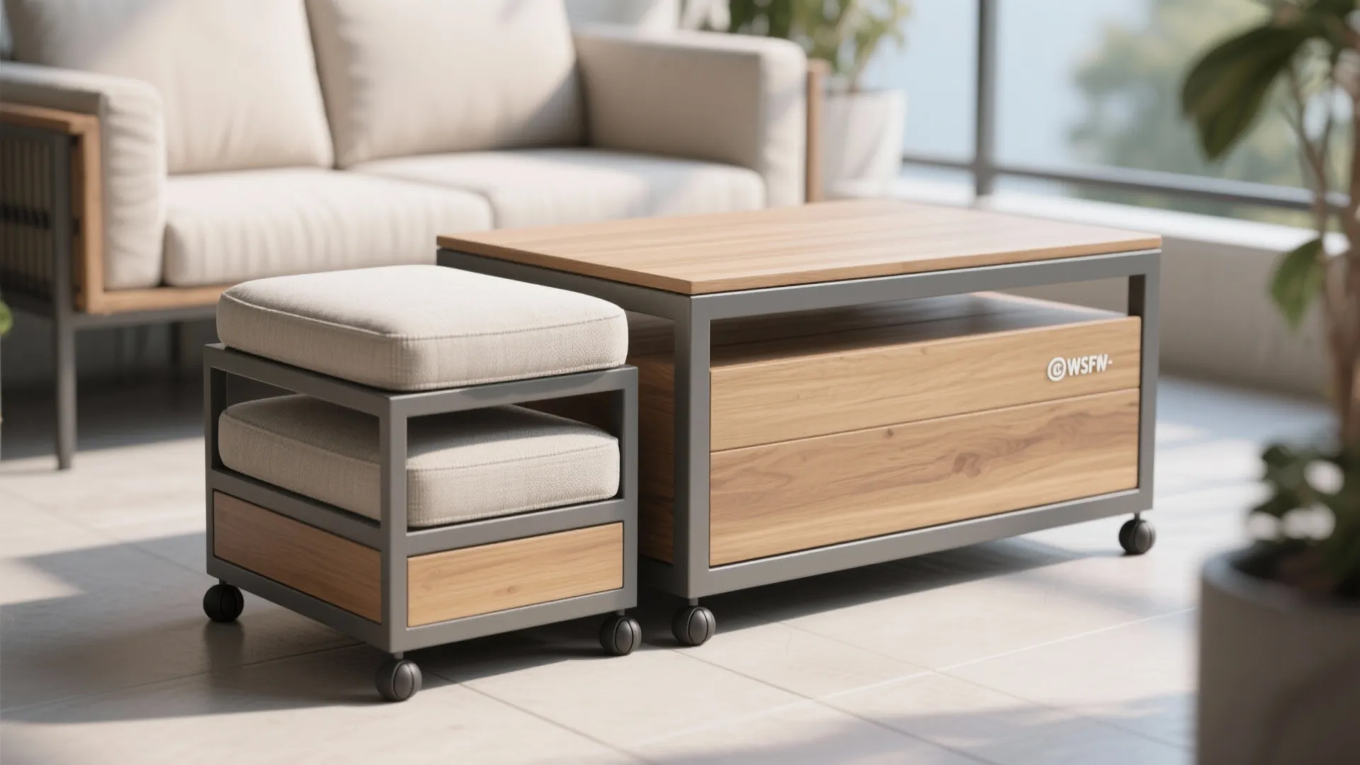 Compact seating with modular, dual-purpose pieces