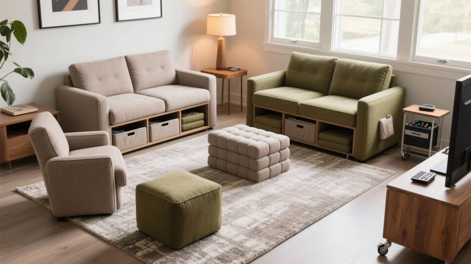 Modern living room with green and beige sofas on a rug with footrests and light