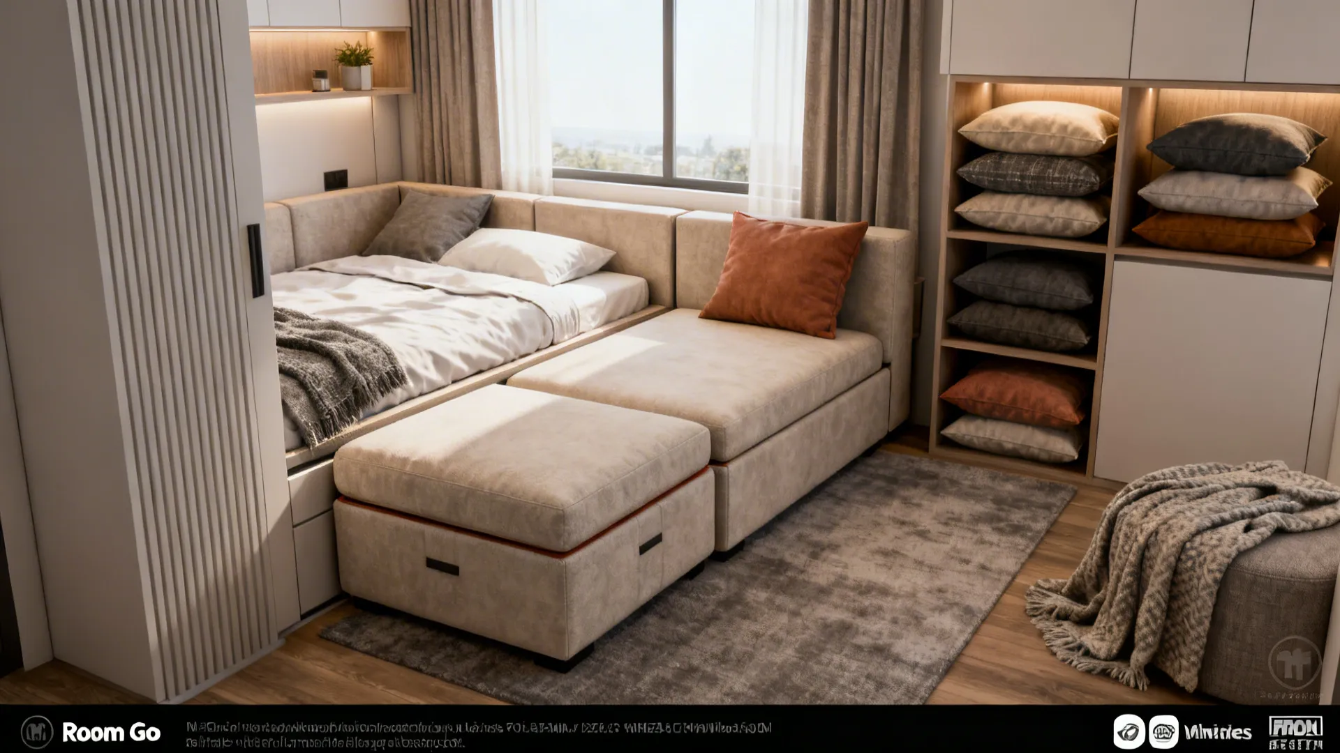 Modular sofa configuration with chaise swapped for an ottoman creating a temporary bed in a compact room