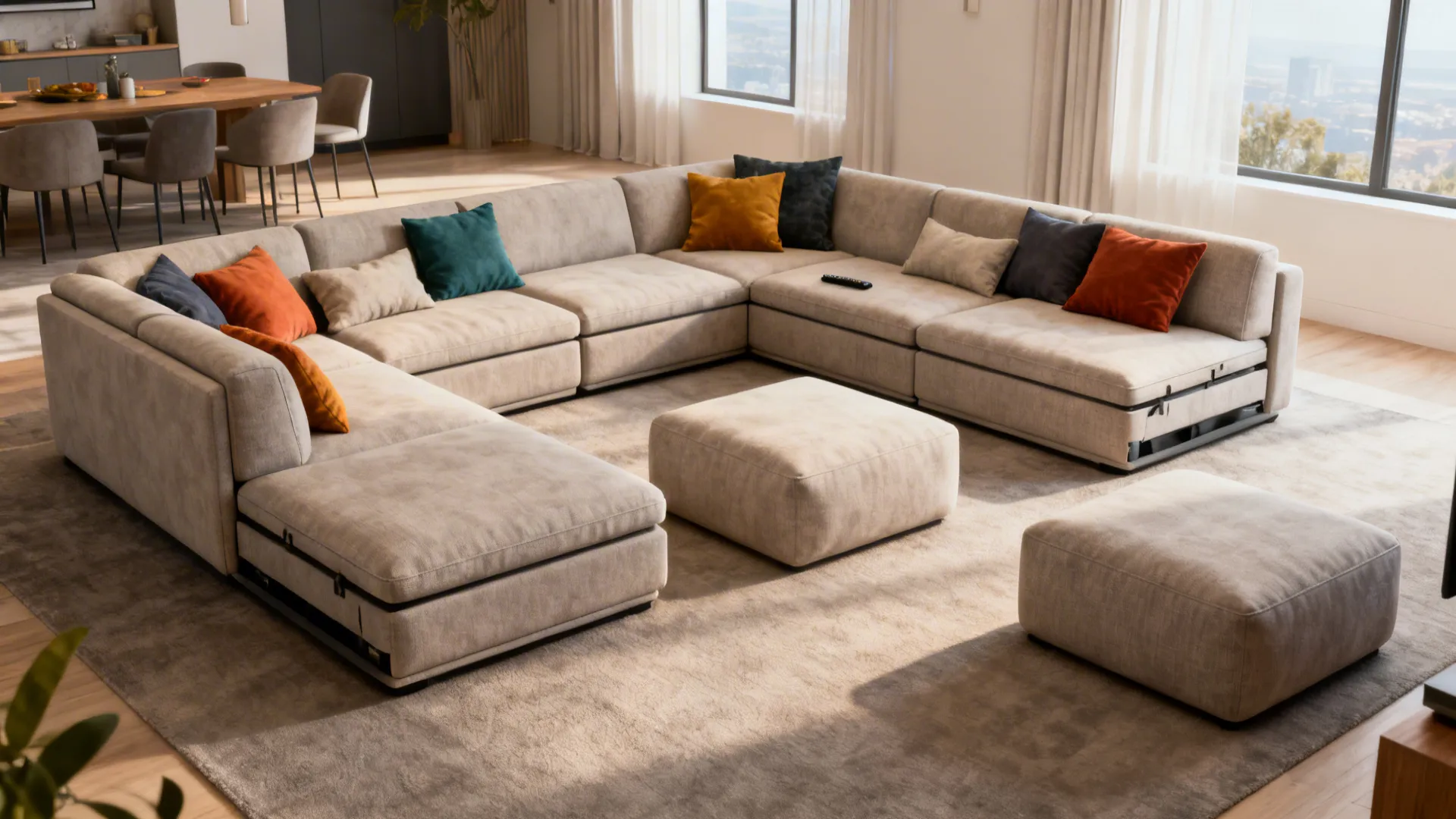 Modular sofa and ottomans reconfigured for different social setups in a cozy living room.