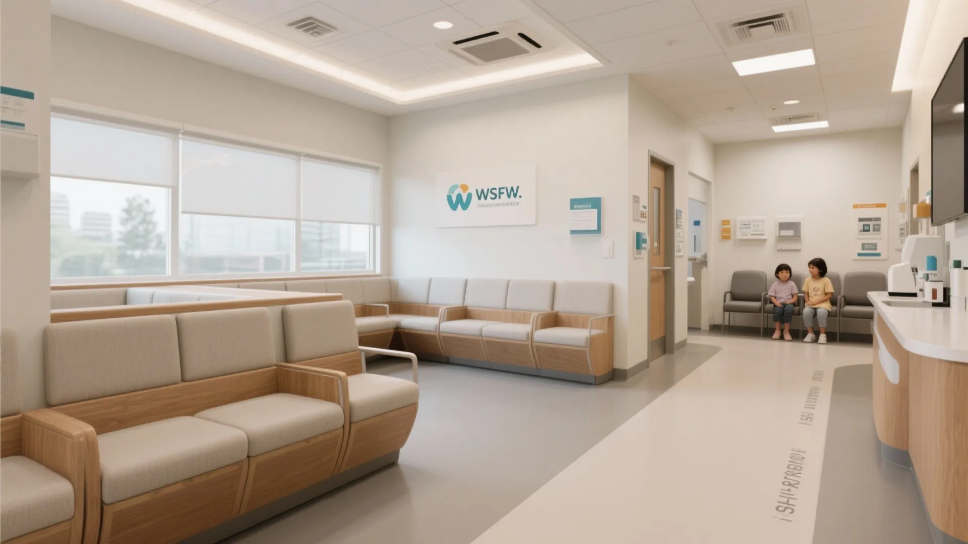 Large hospital waiting lobby featuring many rows of modular wood seating and two children sitting