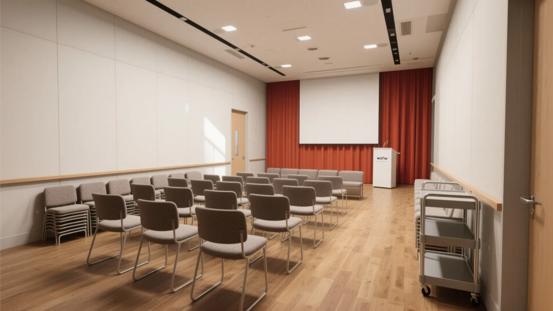 Mini hall with modular benches and stackable chairs arranged with clear aisles.